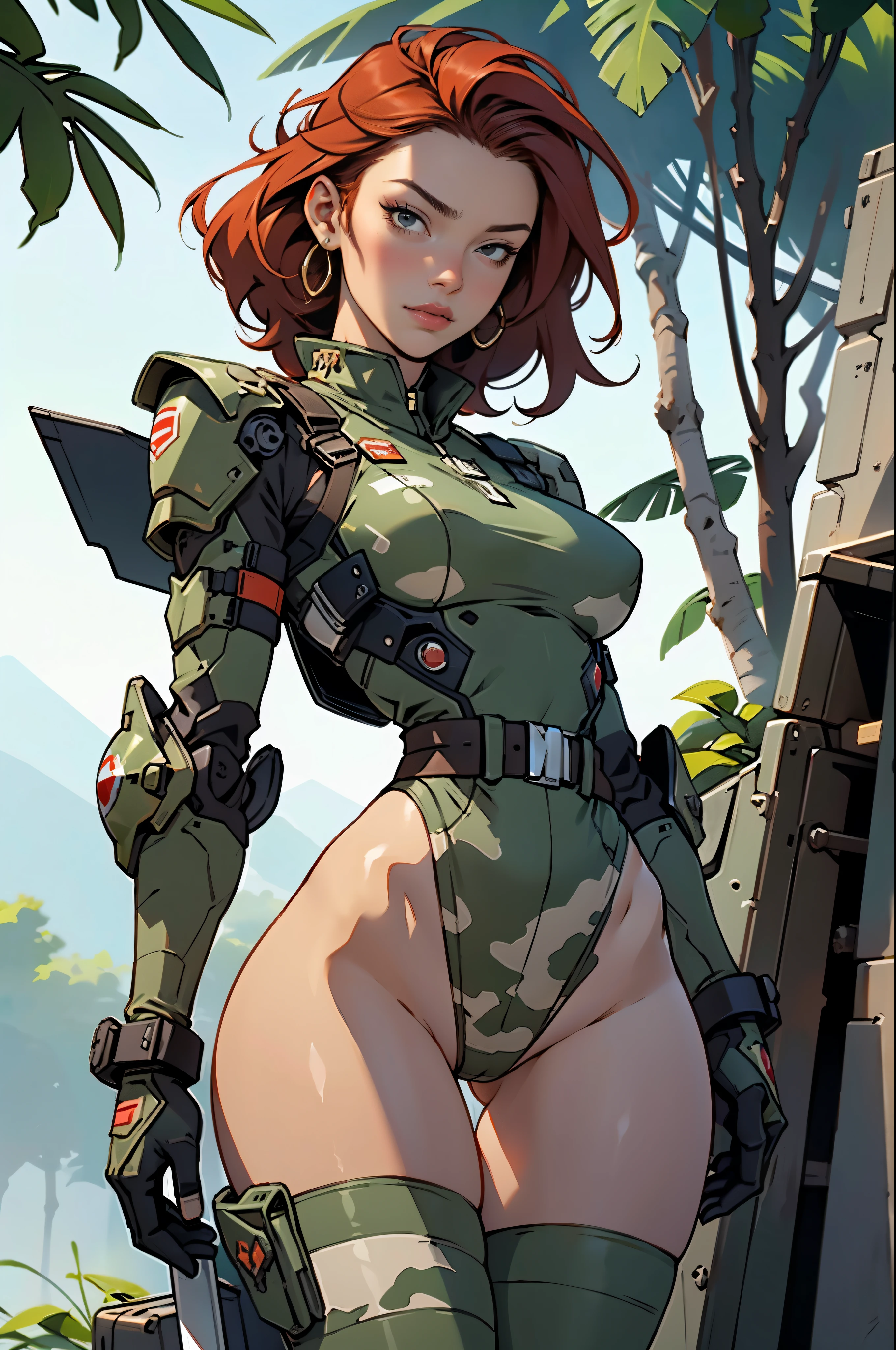 1woman 20 years old, sculpted, military, wearing a soldier helmet, beautiful, perfect body, realistic, red hair, perfect body, thin waist, full outfit, nice hips, large breasts, slim thighs, jungle background, armored vehicle, flying fighters, military robot dog, camouflaged uniform, wealth of details, tight panties marking on the front, head to toe, highly detailed, high resolution, prefect hands, slender thighs, thigh gap