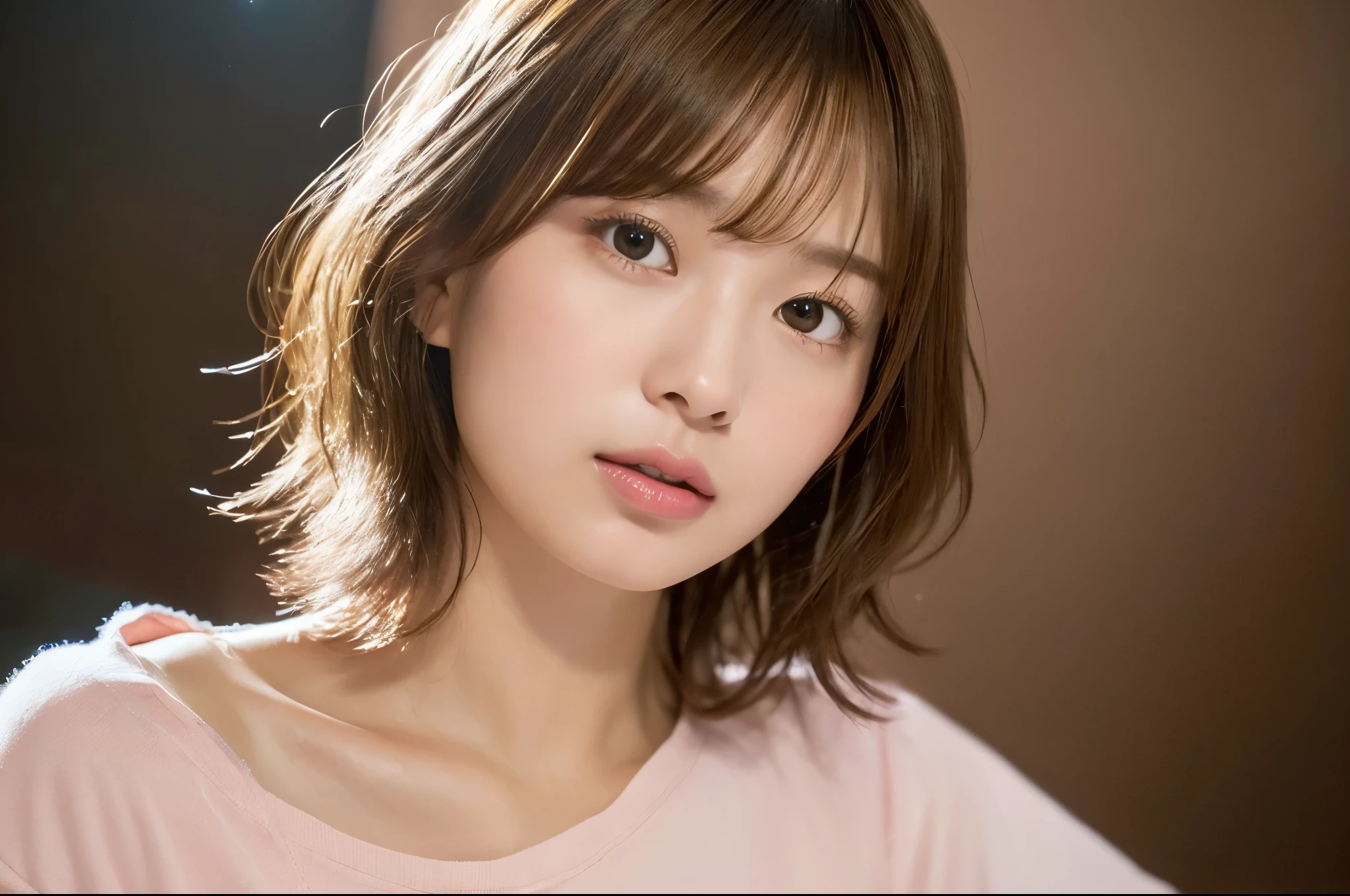 (highest quality、16K resolution)1 girl、solo、Natural pink soft light、japanese woman、look at the camera、white t-shirt、bar background、facing the front、standing、beaver、woman in her early 20s、light bangs、short hair、salon model、natural look、Portrait、floating hair、curled hair, 