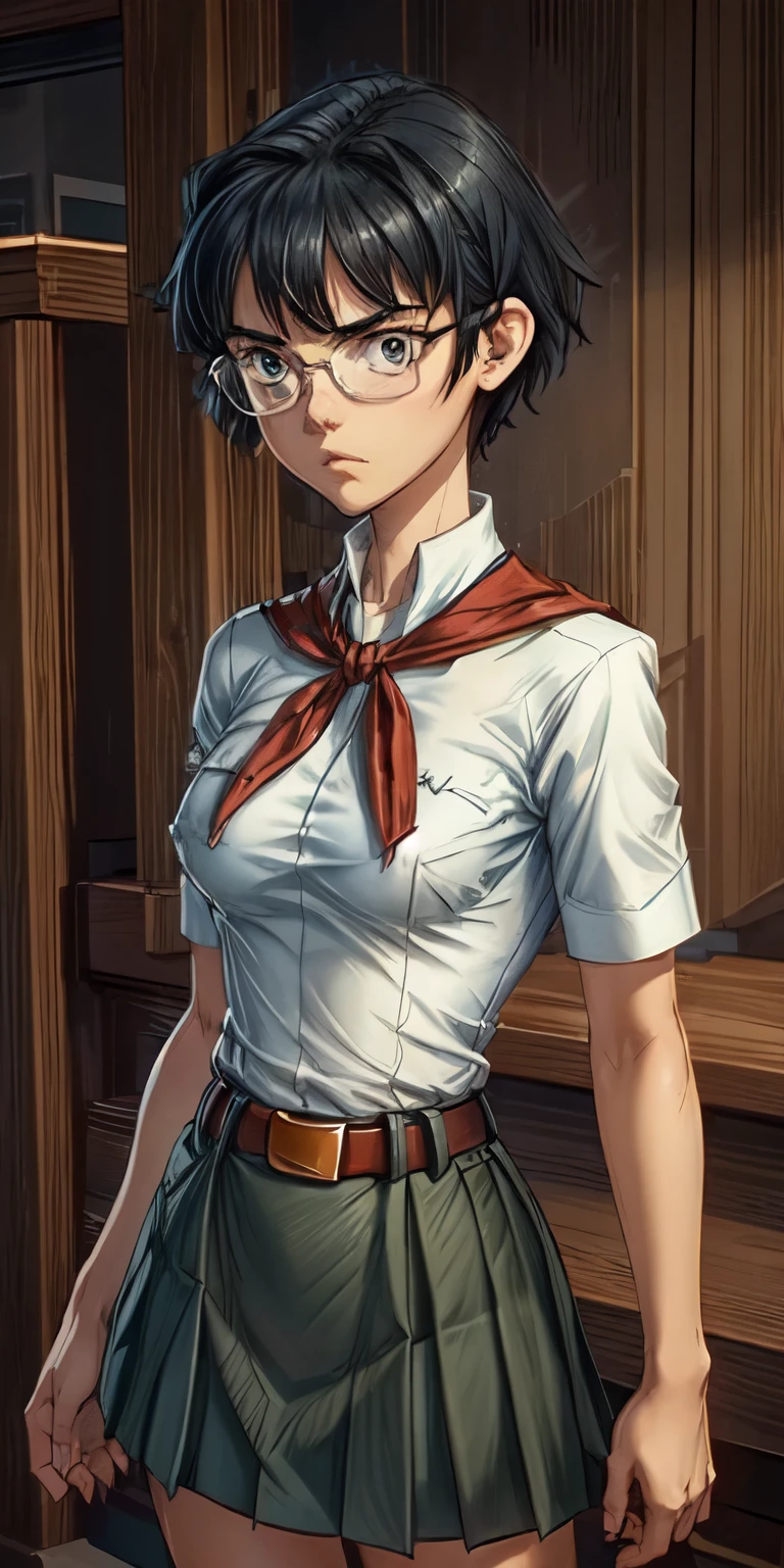 very young slim fit girl, full height, rounded face, short dark hair, big eyes, angry, perfect flat breast, pioneer neckerchief, short tight blue pleated skirt, bangs, tight white shirt, short sleeves, collared shirt, belt, red neckerchief, breast pocket, shizune 