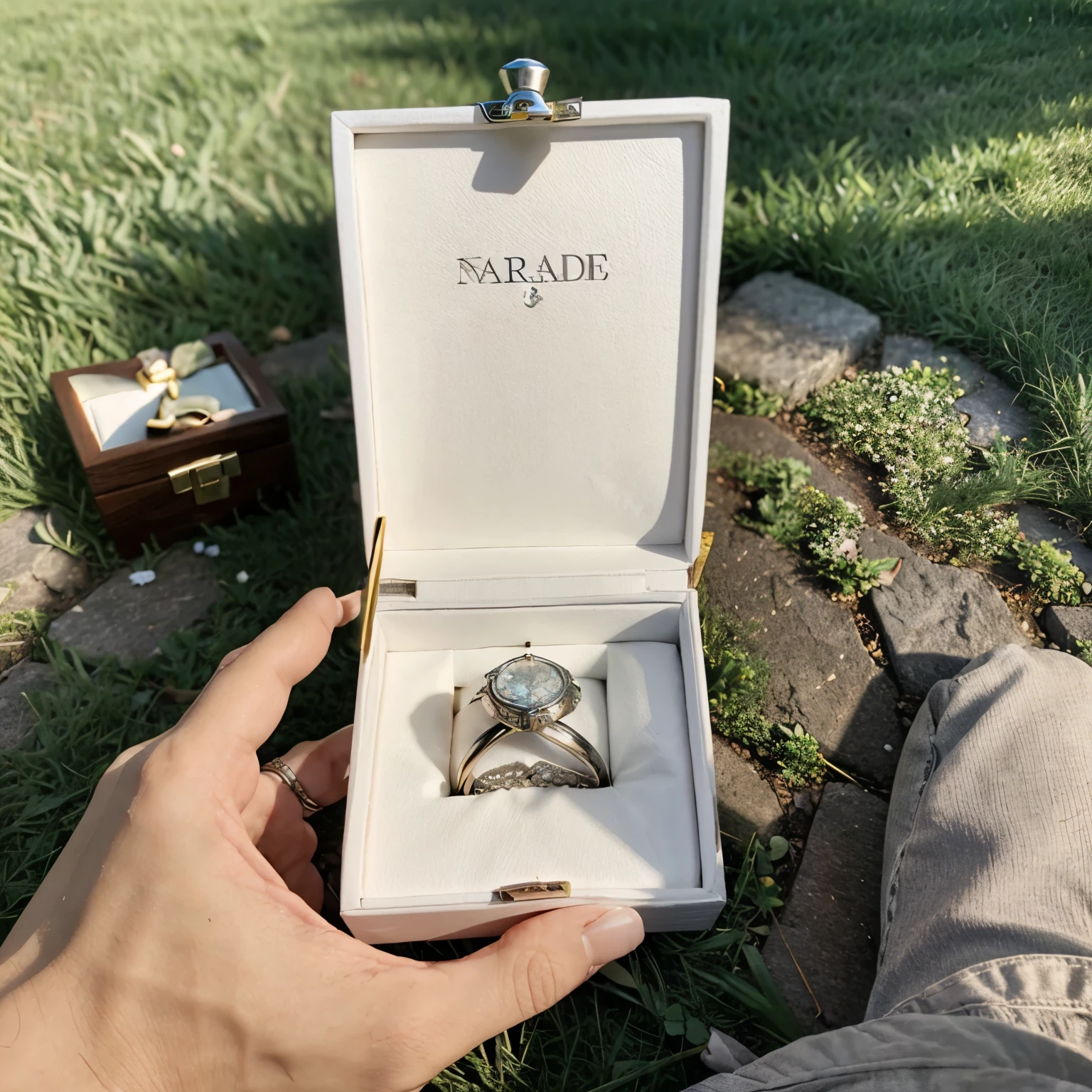 A bouquet on a lawn with a ring box next to it, NADA DE PESSOAS NA FOTO