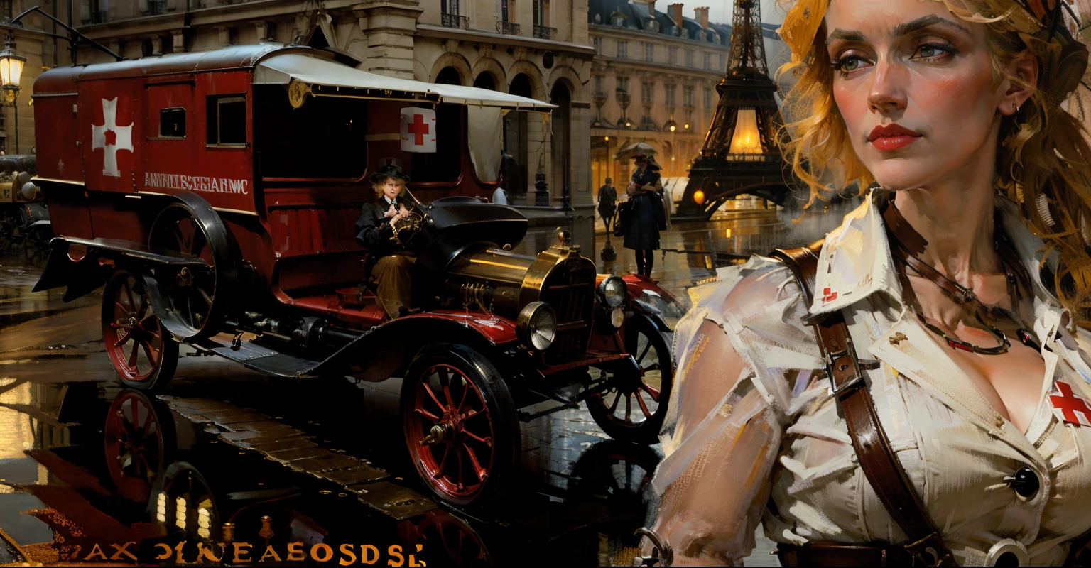 Create an masterpiece of a beautiful steampunk nurse from the red cross woman stands in the foreground and a steampumk vehicle red cross ambulancei in the background in a rainy and wet day in Paris with the Eiffel tower by Vincent van Gogh