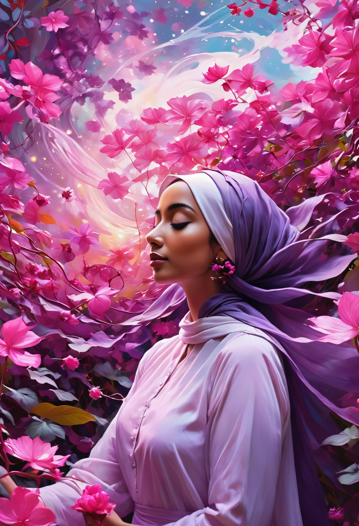 beautiful hijab A captivating digital painting, inspired by the signature style of Norman Rockwell, featuring a serene young woman standing amidst a swirling dance of pink and purple flowers leaves and vines. She is surrounded by a plant-based being, with roots and flowers intertwining, creating a sense of depth and movement. The woman exudes a sense of determination and calm, as if she is perfectly in tune with the natural rhythm of the universe. The overall ambiance of the 