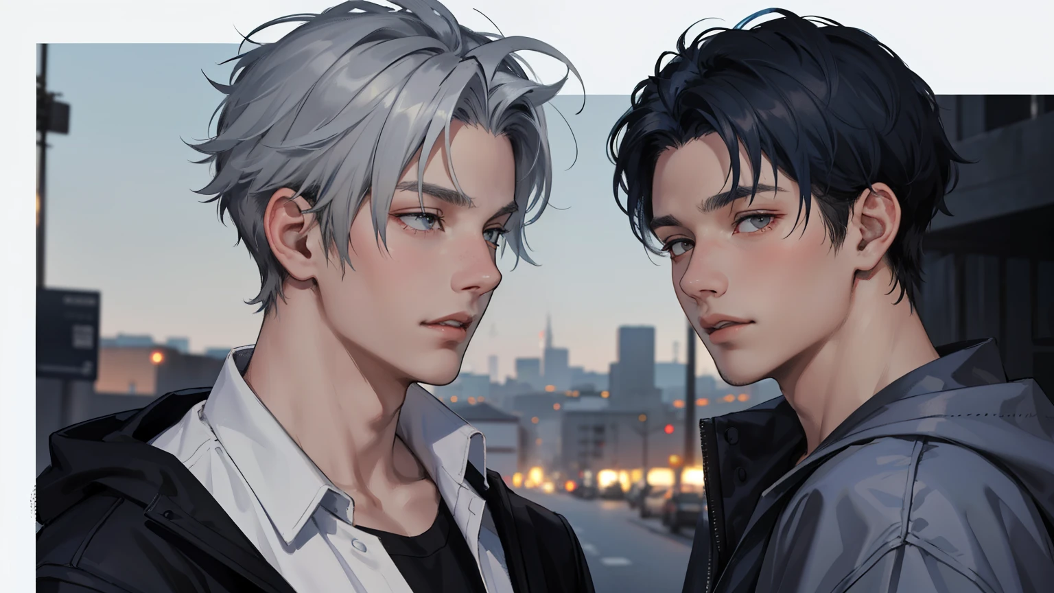 In the background is a silver city Two 15-year-old teenage friends with blue hair, With Latin skin and light gray hair on the outskirts of a large silver city they are talking about an important topic they are friends almost like brothers.............