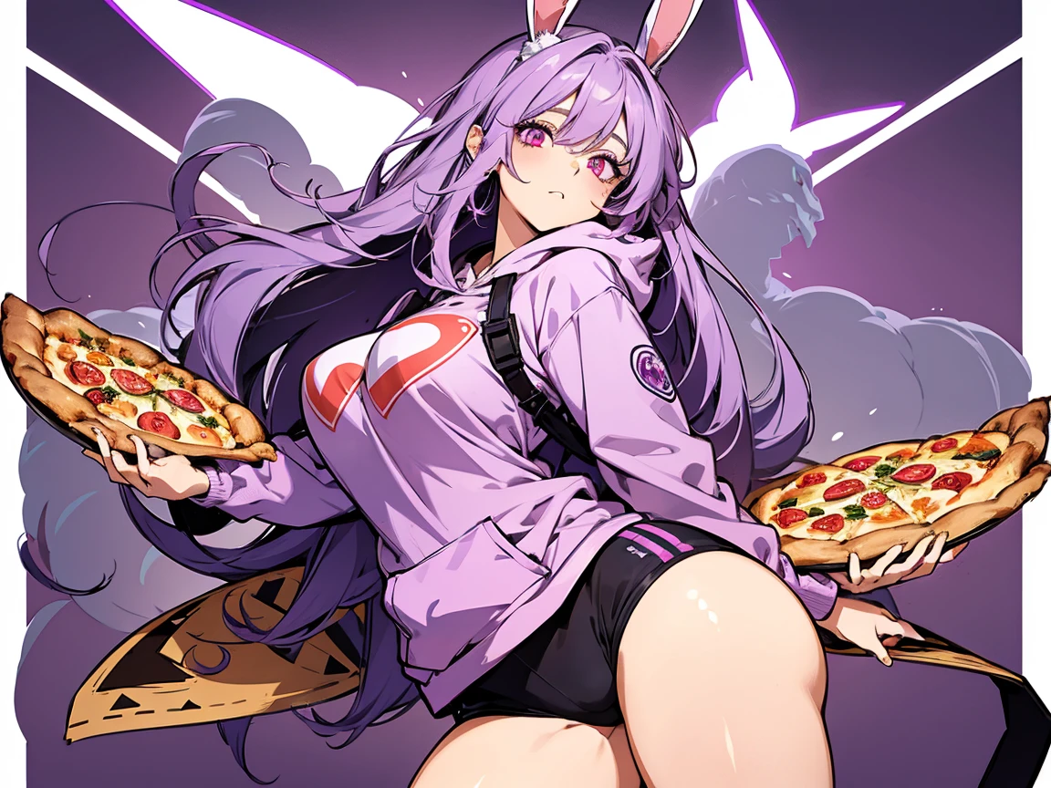 1 female, teacher, wearing light purple hoodie, bootyshorts, Thicc ass, large breast, light purple hair, long hair, light purple bunny ears, red eyes, face to detail, detailed eyes, the background is a pizzaria,