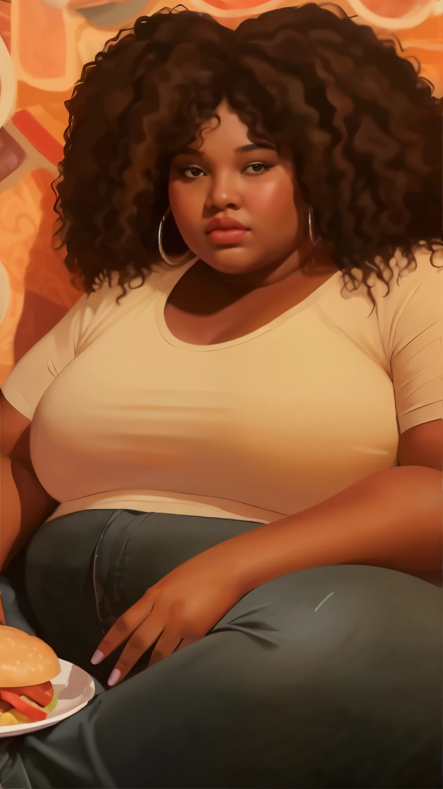 painting of a woman sitting on a couch with a plate of food, a portrait of a plump woman, hyperrealistic full figure, heavy looking, plus size woman, full figure portrait, high quality portrait, alluring plus sized model, low detailed. digital painting, realistic illustration, detailed full body portrait, large portrait, painting by android jones, full figure poster