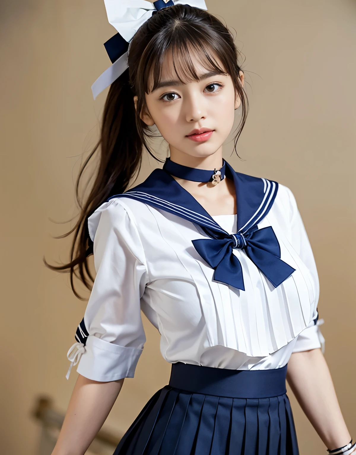 NSFW, 16k raw photos, highest quality, masterpiece, ultra high resolution, film grain, ((She is wearing (a high school sailor uniform).
(navy sailor collar:1.4),(white shirt:1.4),(navy pleats skirt:1.4),(navy bow:1.4))).film, 1 girl, look at the audience, Natural skin texture very heavy chest))),Realistic eye and face details, full lips, lipstick makeup), red eyeshadow, Fluffy ponytail hair, messy hair, A sloppy smile, beautiful legs, tall woman, skinny, slim_Legs, solo, huge breasts, cleavage, butt, shirt,, around the flower position, (detailed background,skimpy white shirt, huge breasts, cleavage, blurred background, plaid,, ((JK with a silver ribbon wrapped around her neck))),big JK ribbon, brown hair, bracelet, water, bangs, jewelry, parted lips,, Depth of bounds written、Underarm pussy、beautiful sea、water color striped pattern、beautiful sandy beach、