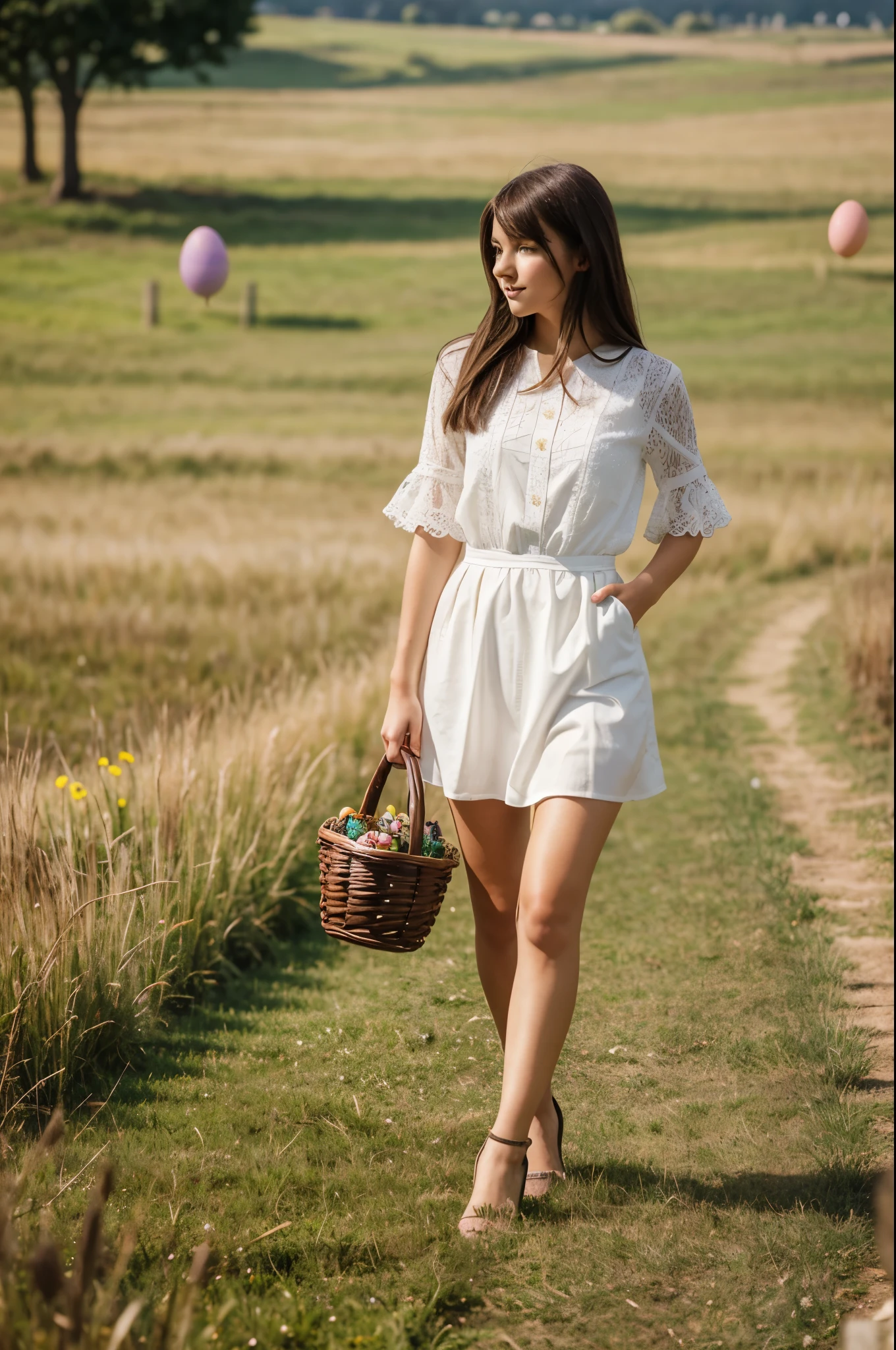 full-body photography of 21 year old young woman, dark brown tight hairstyle, wear nice fancy fashion clothes, she is walking in a field with grass and easter eggs, she hold a egg basket, nice clothes