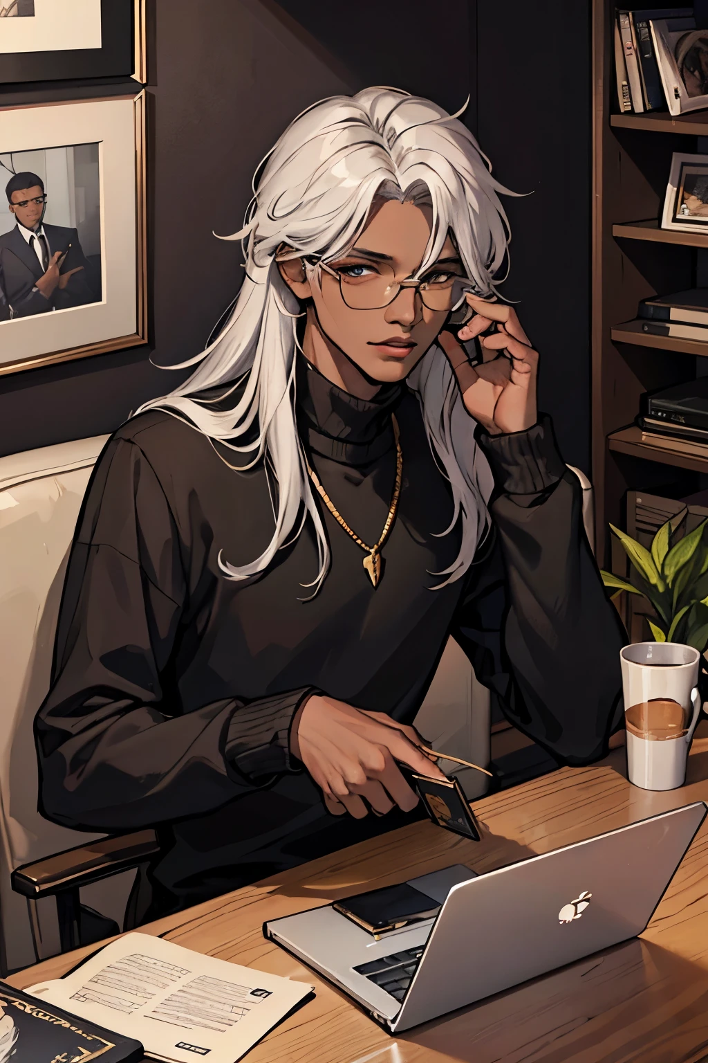 21-year-old male, black skinned, long sliver hair, Sweaters, chest muscle, Gold-framed glasses, busy in his laptop with a cup of tea close to him. With laptops and well arranged dollars cash behind him. Laptops, silver hair. With is book on the table with a written boldly written in capital letters Techrider. Techrider written on his cloth front