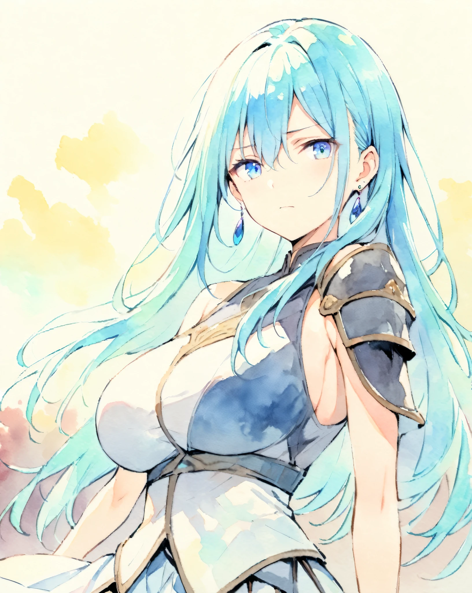 masterpiece, best quality, watercolor (medium), 1 girl, breast, alone, long hair, split, Sky blue hair, blue eyes, earrings, Bangs, jewelry, skirt, bare shoulders, sleeveless, hair between eyes, 单pauldron, looking at the audience, large breast, armor, shoulder armor, sleeveless skirt, Upper body, single sleeve, white skirt, pauldron, contempt