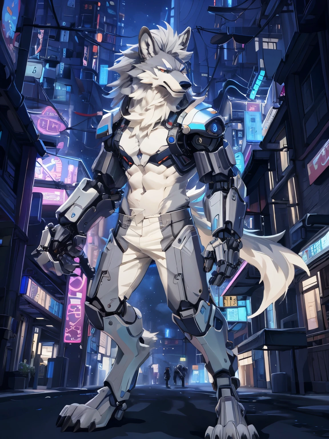 一只站在城市街道上的机器werewolf的特写镜头, werewolf，White and grey hair，Mechanical arm，paw，unique，aldult，anthro，Realistic，gray pants