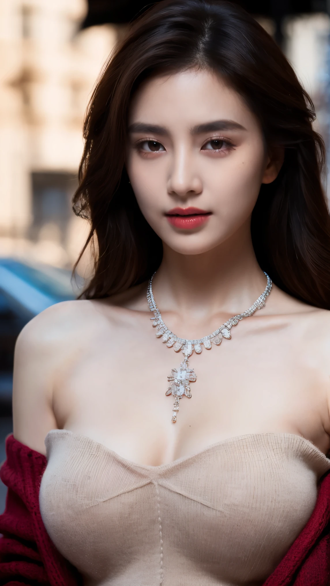 masterpiece, high quality, realistic aesthetic photo ,(HDR:1.2), pore and detailed, intricate detailed, graceful and beautiful textures, RAW photo,16K, (bokeh:1.1), cinematic lighting, cool tone, focus on girl, in the city, upper body shot, 1girl, beautiful face, light-smile, beutiful dark-red short hair, detailed dark-eyes, smooth skin, juicy lips, eye_shadow, medium breasts, thin necklace, dark-red oversize off-shoulder sweater, high detailed, ultra detailed, (Subsurface scattering:0.8), high resolution, world-class official images, impressive visual, perfect composition,midjourney