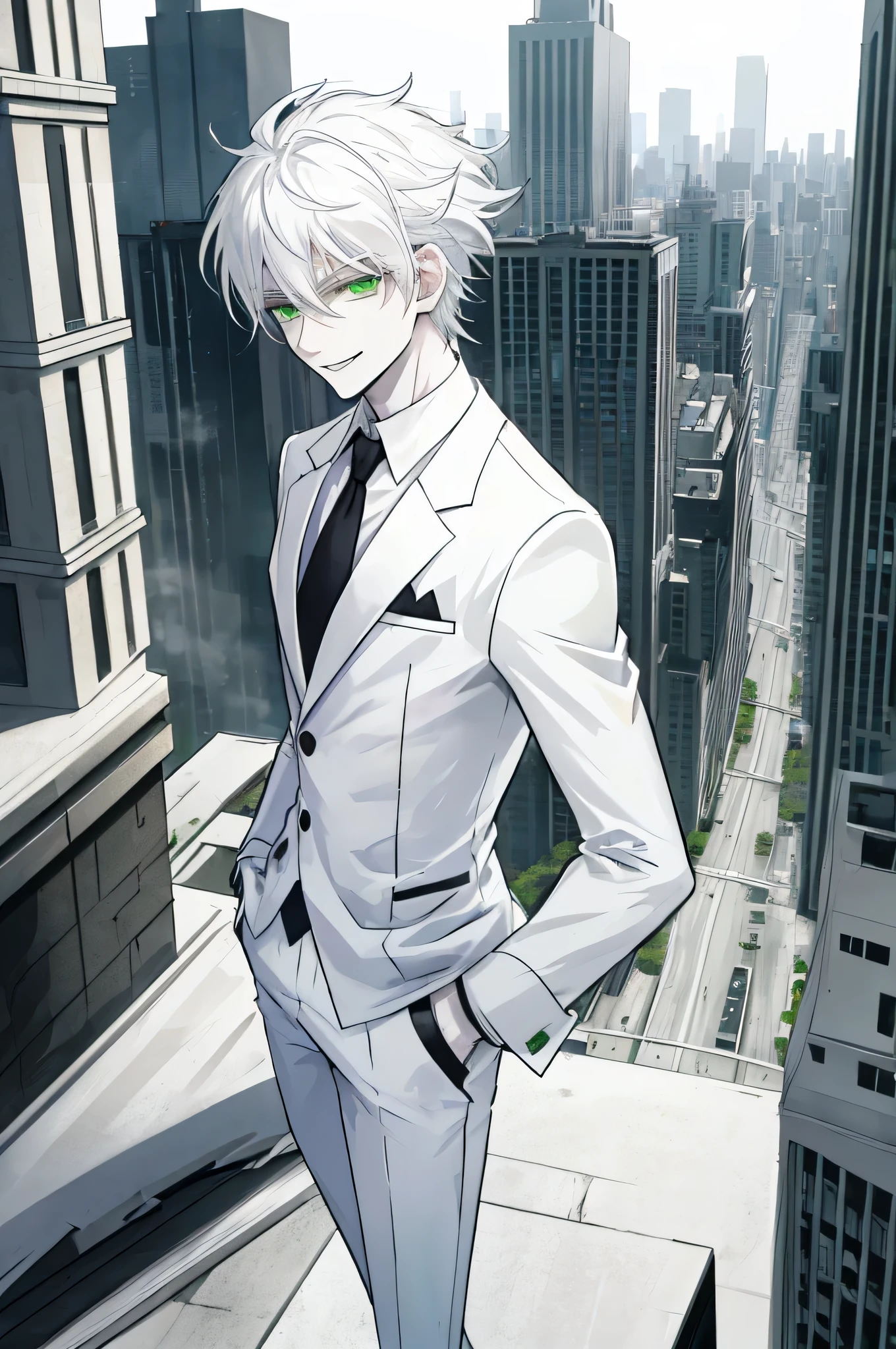 city Background,Solo Male, White hair, Green Eyes White Suit, White pants, pale skin, Evil smile, slim,From Side,ruin city background,Standing on the roof of a building,