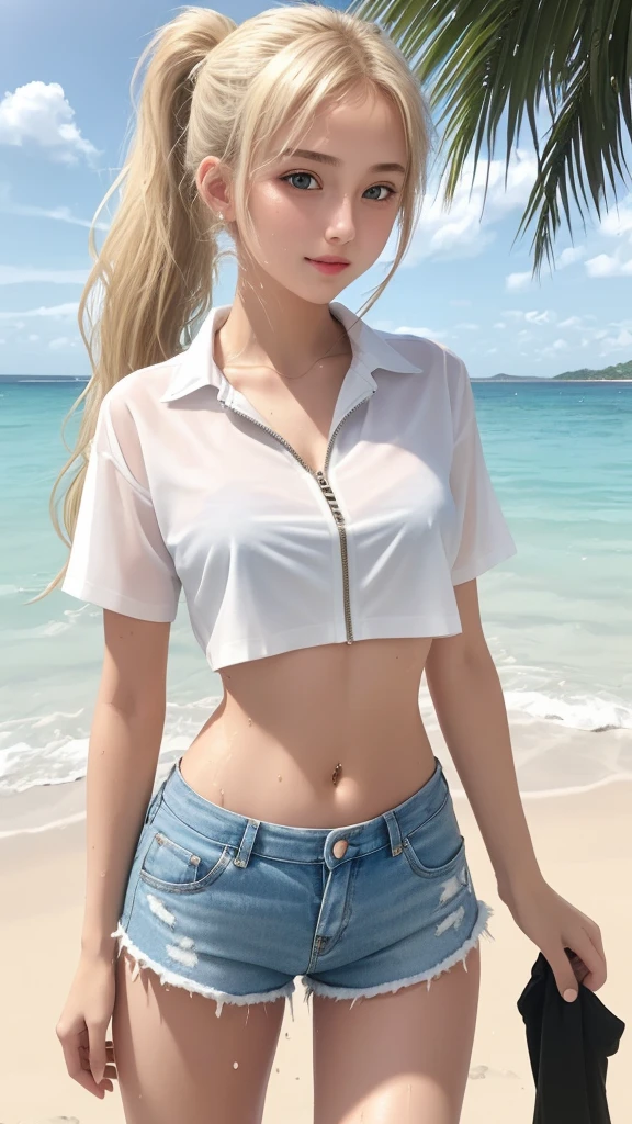 Teenage girl, blonde ponytail, water wet thin white shirt, zippers shorts, wet torso, wet skin, in the sun, summer, beach, happy, skinny, pretty belly, slim legs, 18k, exquisite detailing clothes, high profile.