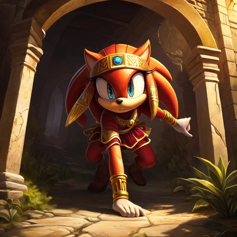 (best quality:1.2,studio quality,highres,ultra-detailed,realistic:1.37),intricate details,correct ???????,4k,1girl,Tikal the echidna,altair_ibn_la-ahad(cosplay),oil painting,beautifully rendered,epic scenery,expressive eyes,dynamic pose,stealthy movements,vibrant colors,mysterious lighting,creepy atmosphere,ancient ruins,hidden treasures,rich textures,authentic costumes,impressive background,immersive experience,attention to detail,masterful brushstrokes,fine lines,dramatic shadows,depth and dimension,captivating composition,compelling storytelling,naturalistic expressions,cosplay perfection,action-packed adventure,memorable characters,meticulous craftsmanship