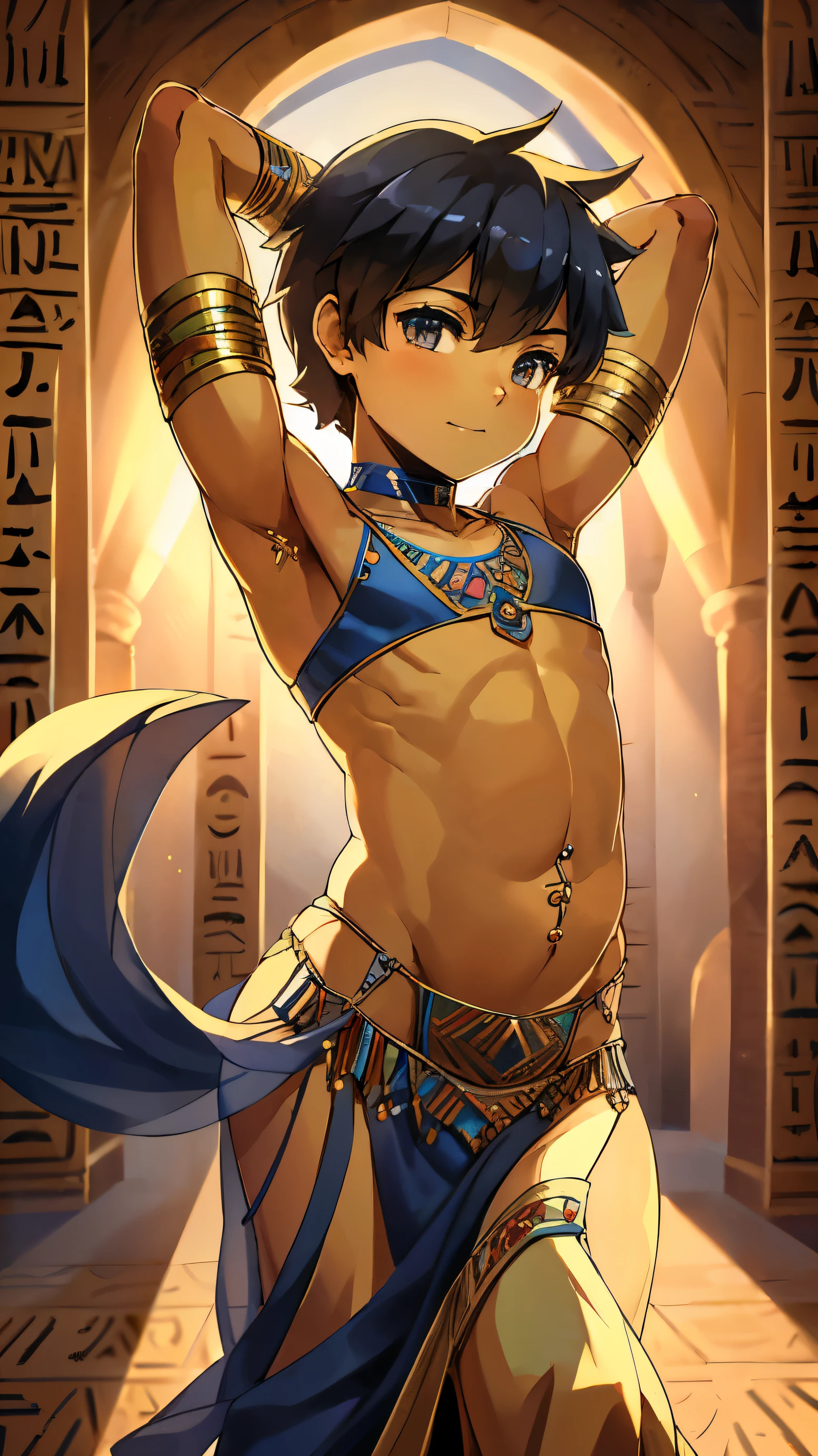 Highres, Masterpiece, Best quality at best,Best Quality,hight quality, hight detailed, Anime style, (), (Armpit), view from front, black choker, Egyptian belly dancer, midriff, Sexy belly dancer, Yellow belly dancer, Navel piercing, (very young y small and short body)