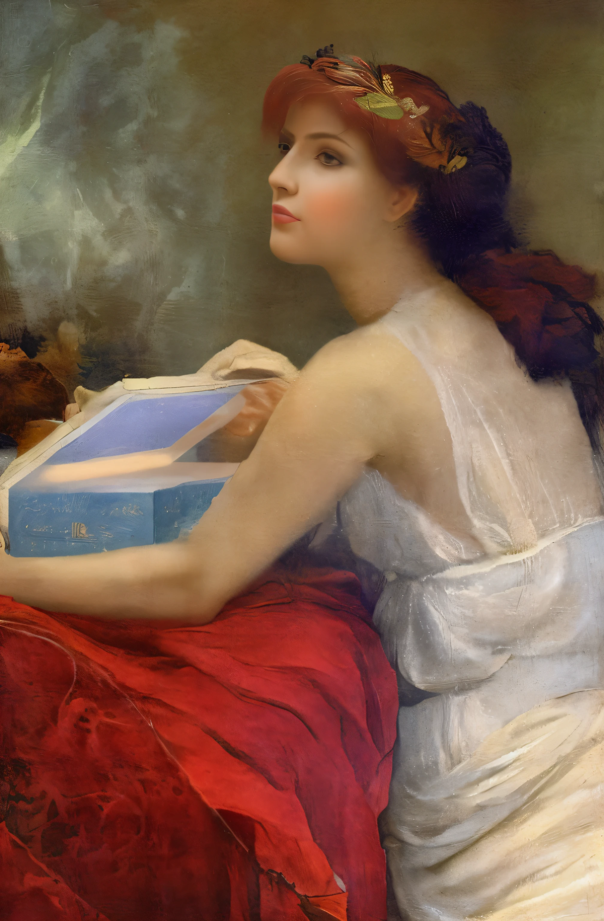 a painting of a woman in a white dress holding a box, the goddess hestia, goddess checking her phone, by Alexandre Cabanel, persephone in spring, goddess of spring, goddess of greek mythology, also known as artemis or selene, young goddess, also known as artemis the selene, portrait of artemis, beautiful maiden, greek goddess, albert lynch