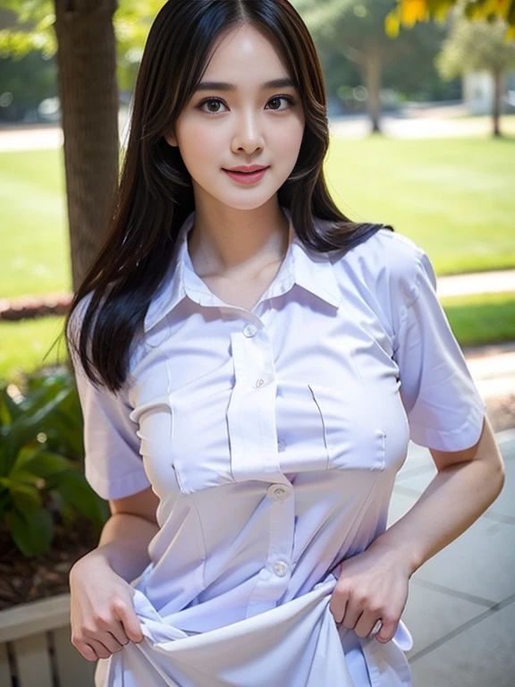 Beauty Indonesian woman in student uniform, beauty big breast, show pubic hairs, vivid colors, bokeh