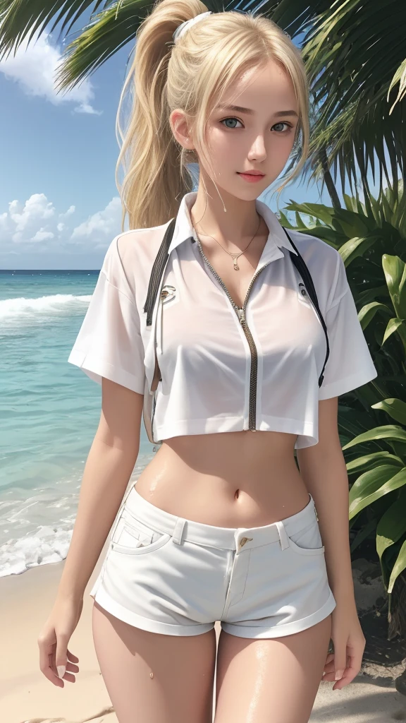 Teenage girl, blonde ponytail, water wet thin white shirt, zippers shorts, wet torso, wet skin, in the sun, summer, beach, happy, skinny, pretty belly, slim legs, 18k, exquisite detailing clothes, high profile.