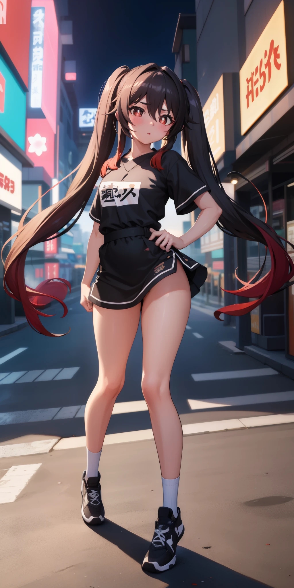 masterpiece, best quality, HuTaoV4, 1girl, solo, blush, twintails, long hair, hair between eyes, ((streetwear clothes)), city, outdoors, night, movie poster, extremely detailed 8K, smooth, high resolution, ultra quality, cinematic lighting, ambient occlusion, hd, 2k, 4k, 8k, 16k, extremely detailed anime, detailed faces, perfect composition, wide shot, atmospheric lighting, 