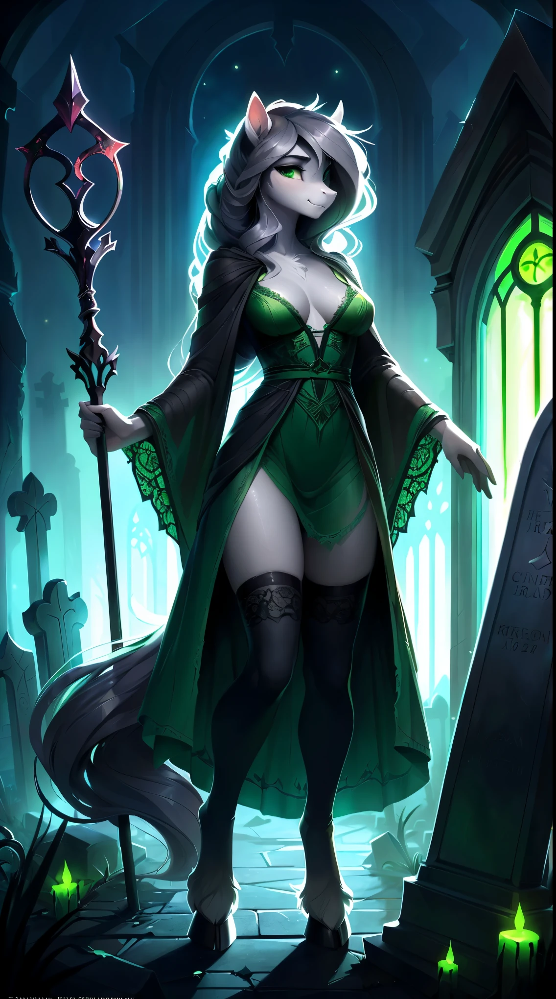 uploaded on e621, by Bayard Wu, by Thomas Benjamin Kennington, by Einshelm, solo anthro, ((Portrait)), ((Wear a decayed lace dress, necromancer robe)), torn clothes, (detailed Bonifasko lighting), (Detailed fur), (detailed skin), ((rotten flesh:1.4)), (Cinematic lighting), ((Detailed background, graveyard, grave, at night, ruins, mystic shadows)), (half body shadow), [ambient light on the belly], [explicit content], [sharp-focus], (shaded), (pale eyes, ghost glow), (long gray hair, disheveled hair), Necromancer pony, MLP, My Little Pony, ((grey and green decayed skin:1.5)), (fluffy fur), fluffy tights, fluffy chest, furry fantasy art, anthro art, commission for high res, Furry art, pov furry art, Sakimichan is beautiful, Masterpiece, Best Quality, Detailed image, Bright colors, Detailed Face, perfect lighting, Perfect shadows, Perfect eyes, focus on girl, flawless face, gorgeous body, Hourglass body, shiny body, feet focus (hooves in stockings), Fluffy, fluffy girl, Body fur, Animal nose, pony muzzle, Playful look, half closed eyes, 1girl, full body, Detailed fur, Balanced coloring, ((Long curly mane, curly pony tail)), Furry, anthro, (attractive body), perfect legs, Dark energy Light, Staff, Plague Spell, 
