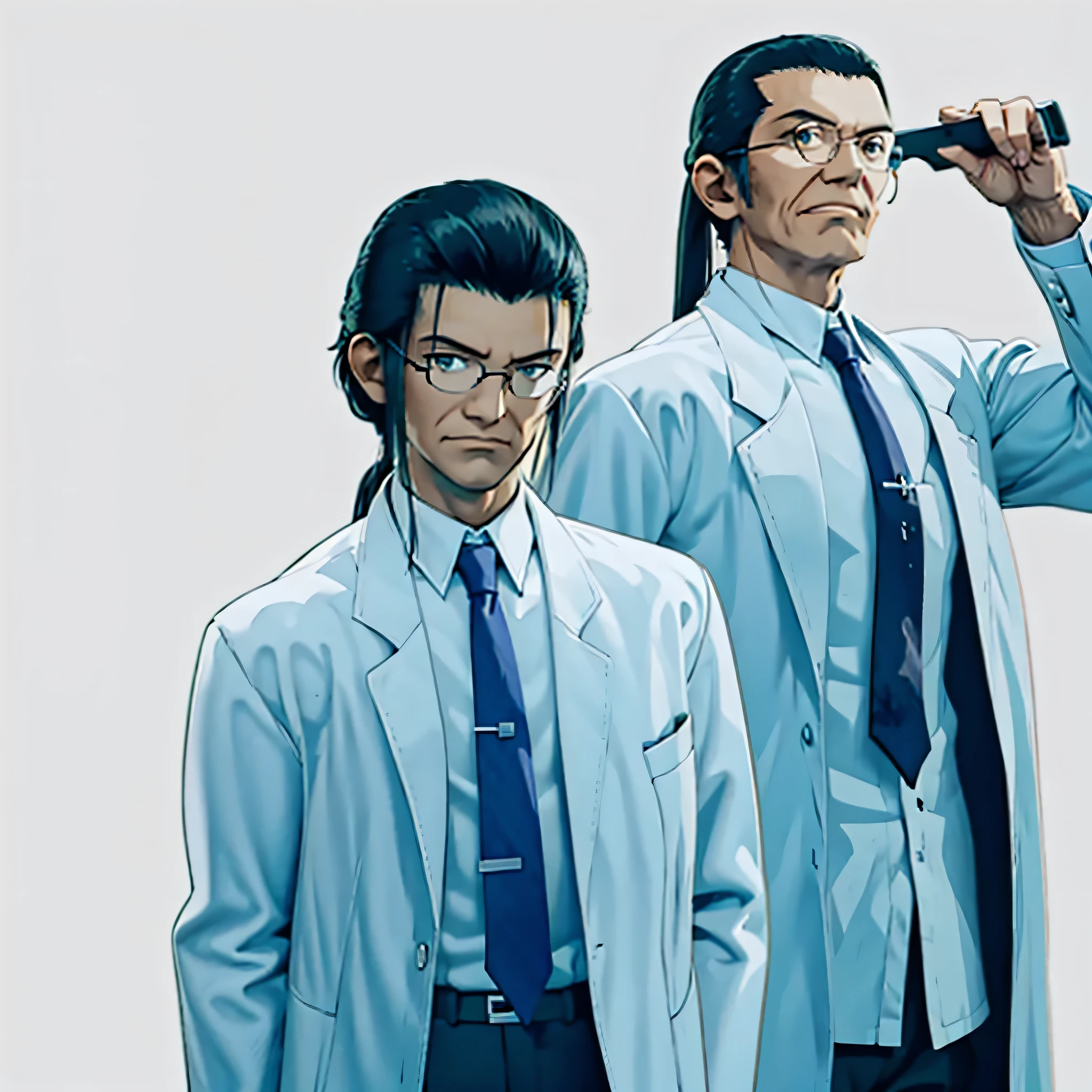 (masterpiece, best quality:1.2,simple background,white background,2d,anime style),1boy,solo,hojo \(final fantasy7\), black eyes,black hair,white shirt,closed mouth,glasses,black eyes,hair strand,navy blue necktie,white coat,long sleeves,looking at viewer,grin,old man,Redraw it with a beautiful anime picture、Closer to the anime picture、Do not change details or composition