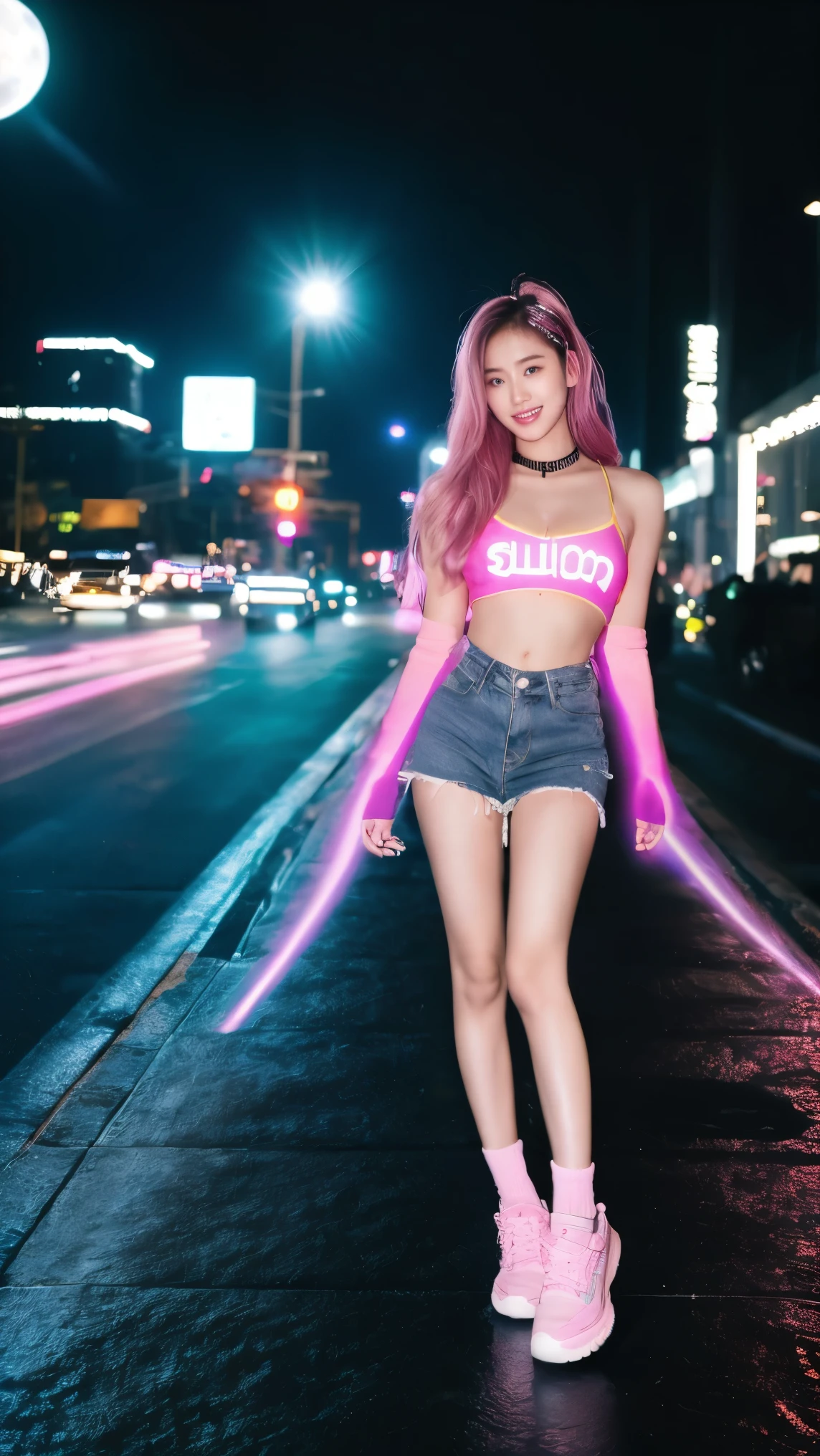 (best quality,4k,highres:1.2),ultra-detailed,(realistic:1.37),Beautiful Thai college student,Long pink hair, hip-hop cloth, miniskirt jeans,night,neon,flying saucer,abduction,galaxy ship background,neon lights,black clothes with led, futuristic cityscape,reflection on wet pavement,dynamic motion,clouds swirling,vibrant colors,glowing moon,sparkling stars,shadows playing with light, neon costume,(all body),happy face,