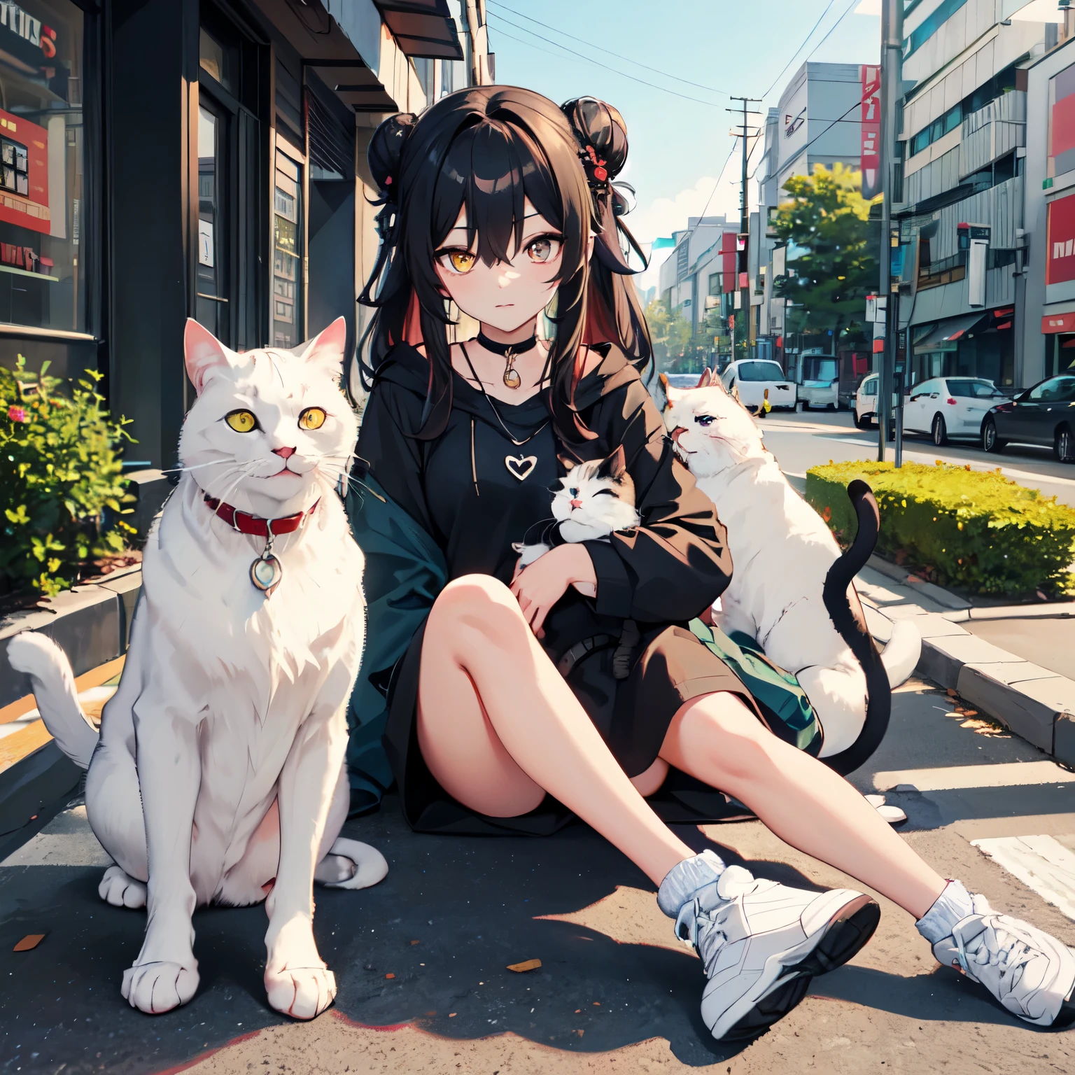 ((Best quality)), ((Masterpiece)), (Detailed), perfect face Tokyo Revengers style, short girl, black hair, black Bright hair, Two bun hair style, hair tied in a buns, The right eye is yellow, Left eye is blue, Two different colored eyes , cute eyes, Calm looks, Japanese black , short black dress, short black dress that is not narrow, not a tight dress, cute dress, gray hoodie on top, the hoodie zipper is open, necklace, cute necklace, heart necklace, leg warmer, white leg wearm , gray long sleeves, choker , Black short dress , cool white sneakers, cool shoes , skinny girl, Regular hairstyle, not a weird hairstyle, Show full body, she's sitting, she's holding a cat , sitting holding a white cat , One eye is yellow and the other is blue, The right eye is yellow, Left eye is blue, Only one girl, tokyo revengers art style, anime tokyo revengers