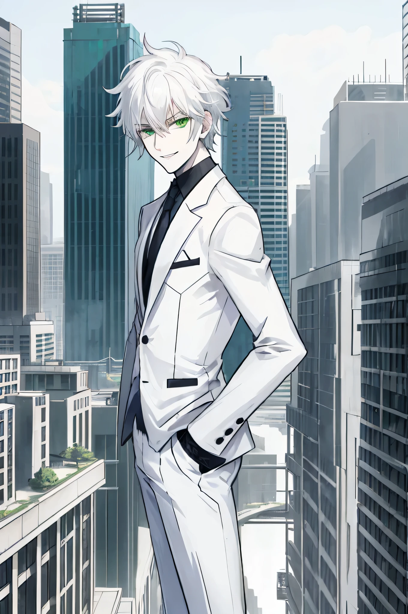 city Background,Solo Male, White hair, Green Eyes White Suit, White pants, pale skin, Evil smile, slim,From Side,ruin city background,Standing on the roof of a building,
