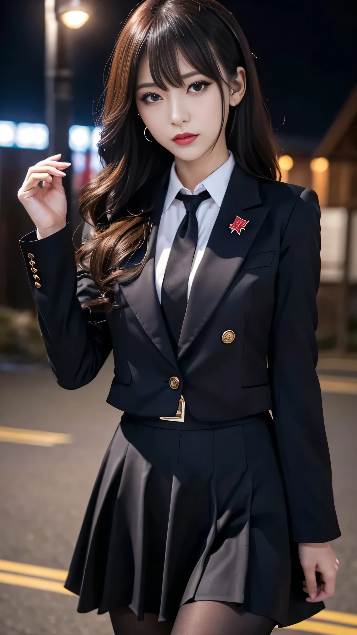 tra-detailed、Japanese、attractive beauty、seductive adult woman、pretty woman、piercing eyes、cool girl、wavy hair、swept bangs、suit、Jacket、blouse、ribbon、Tight Skirt、pantyhose、beautiful feet、Evil cadres、evil depravity、brainwash、mind control、lipstick、lip gloss、dark makeup、smirk、Whisper in my ear、Evil expression、evil、hollow eyes,half-closed eyes、empty eyes、evil、church at night、vampire、succubus、vampire、Swear allegiance、stand