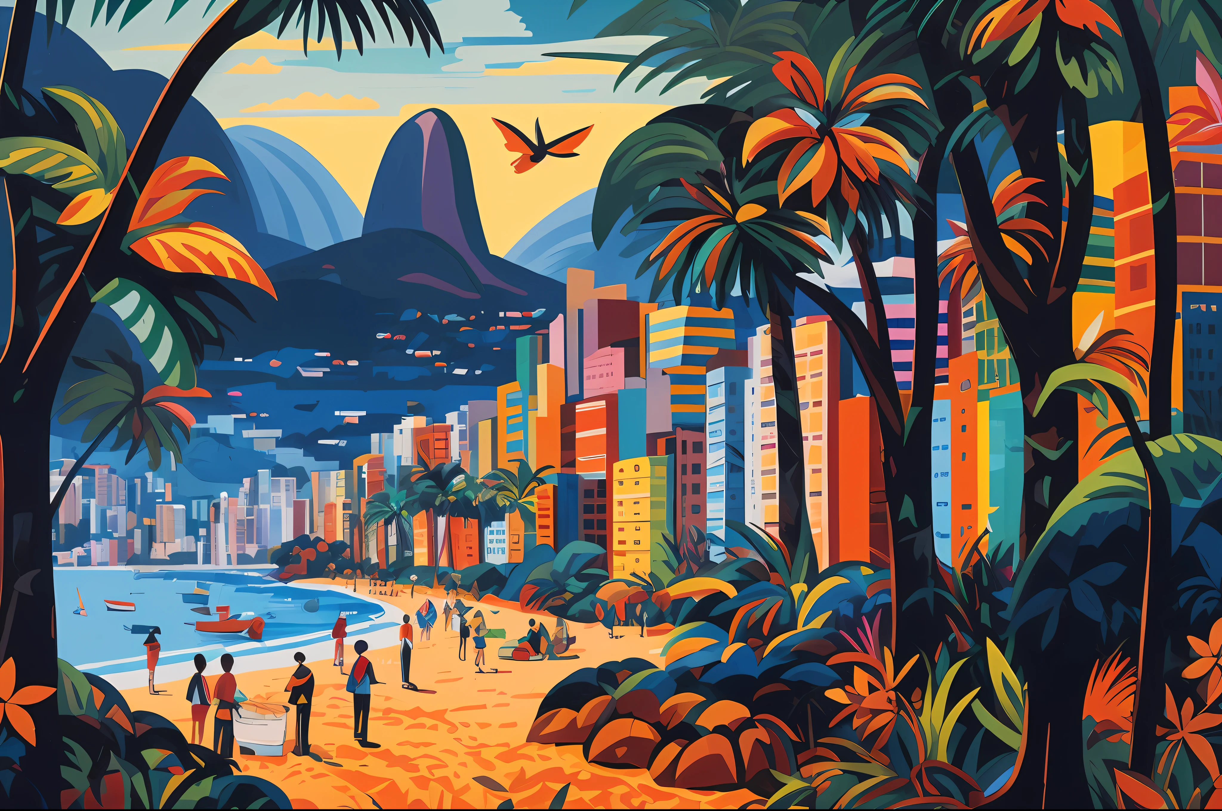 pintura colorida de uma praia com palmeiras e pessoas, paisagem urbana tropical ao ar livre, cidade costeira tropical, rio de janeiro in an anime film, by Américo Makk, por Herbert MacNair, rio de janeiro, por Jason Benjamin, by Leo Valledor, by Rodolfo Amoedo, por Osvaldo Romberg, by Roberto Parada, beautiful retro art