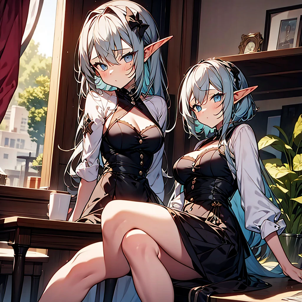 masterpiece,highest quality,1 girl,alone,elf-v2, gray eyes,Her short platinum hair was tied up in two buns., elf ears,slanted eyes,black pantyhose,model,thin,forget,sitting,crossed legs,only,black shirt,looking at the viewer,full body
