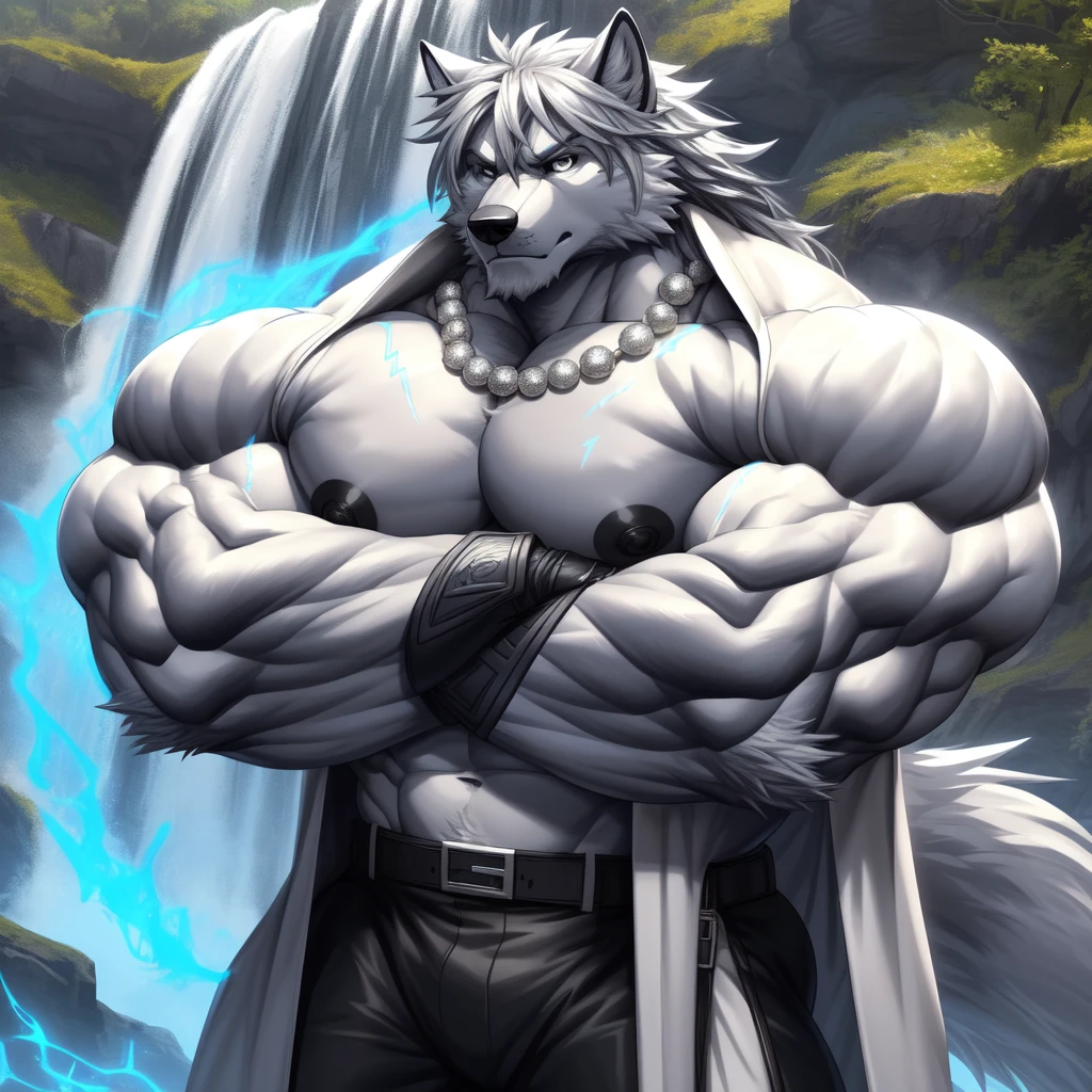 (upload on e621) (Masterpiece) (by Drks) (best quality) (ultra high res) 4K (8k HD) 2D (perfect anatomy) (digital art) (official art) (extreme detailed) (ultra detailed) (strapsanime) color (soft shading) (sharp focus) (waterfall background) 1man silver body fur silver belly detailed fluffy fur (ultra detailed face) detailed eyes detailed iris eyes detailed silver eyes (white sclera) black pupils big navel abs bare pectoral (((huge black shiny nipples))) black claw nails furry wolf male mature male silver giant bulky muscular body fur giant size canid (((huge muscles))) (((hyper muscles))) huge pecs (((oversize pecs))) huge biceps (((giant biceps))) (((fullbody))) canine canis mammal powerful wolf god wolf male calm cool collected demeanor face badass wolf anthro solo standing (((wearing silver full complete sleeveless long trench coat jacket))) (((silver longest length hair))) (((silver longest length back fur hair))) (((silver longest length hair fur front lay on pecs))) (((perfect fingers))) (((five fingers))) dark black hands and fingers silver chest tuft (((wearing silver fingerless gloves))) (((silver arm bands on his biceps))), (((three silver arm bands on his forearms))) (((dark black huge bead necklaces))) (((dark black huge longer bead necklaces around neck to pecs))) (((silver long wolf tail))) (((black long pants with silver lines with belt straps on both legs))) (((silver electricity and glitter aura flow entire body))) (((silver glowing aura his entire body))) (((crossed arm pose)))