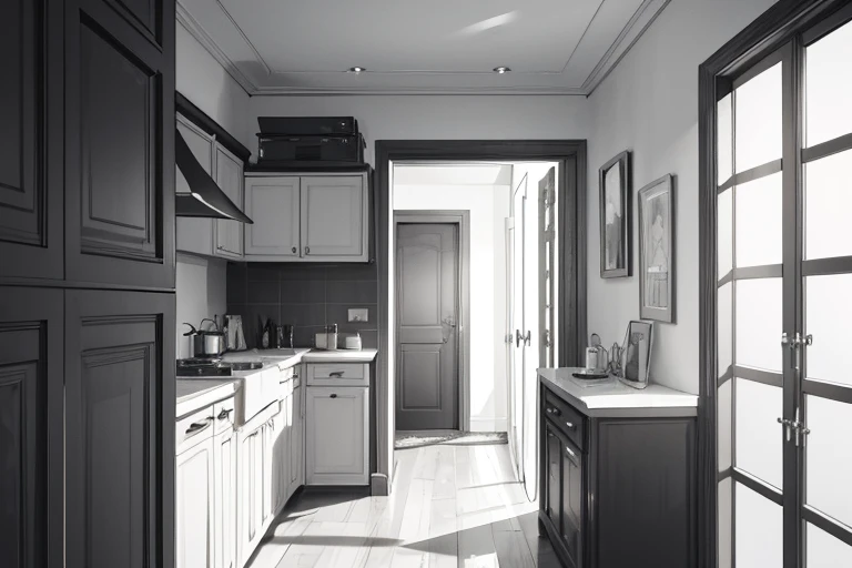monochrome,masterpiece, male focus,illustration, best quality, best aathetic,
,door,
kitchen,no human,no animal,