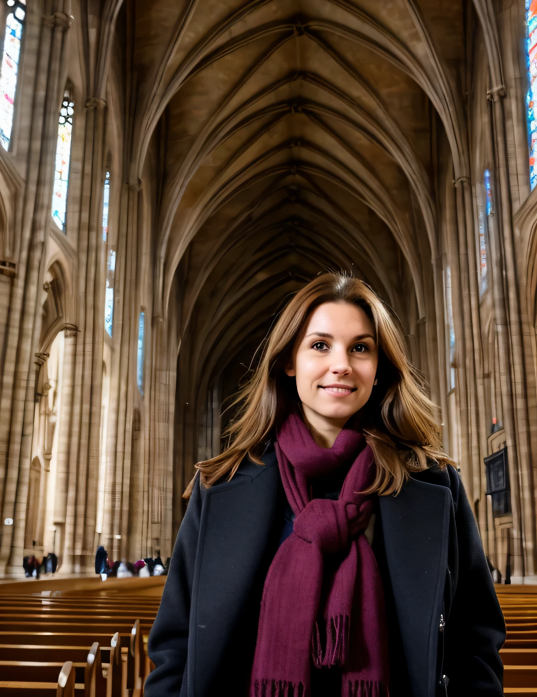 photo of a woman with light brown hair, posing for a photo, inside a cathedral in Paris