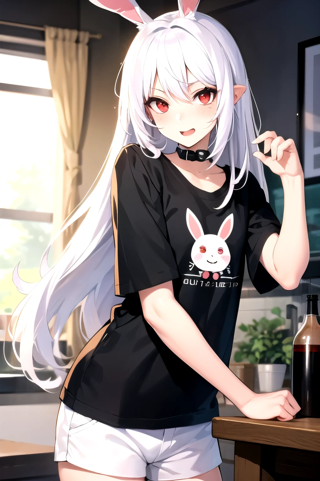kawaii boy with red eyes and white hair wearing a t-shirt and bunny ears