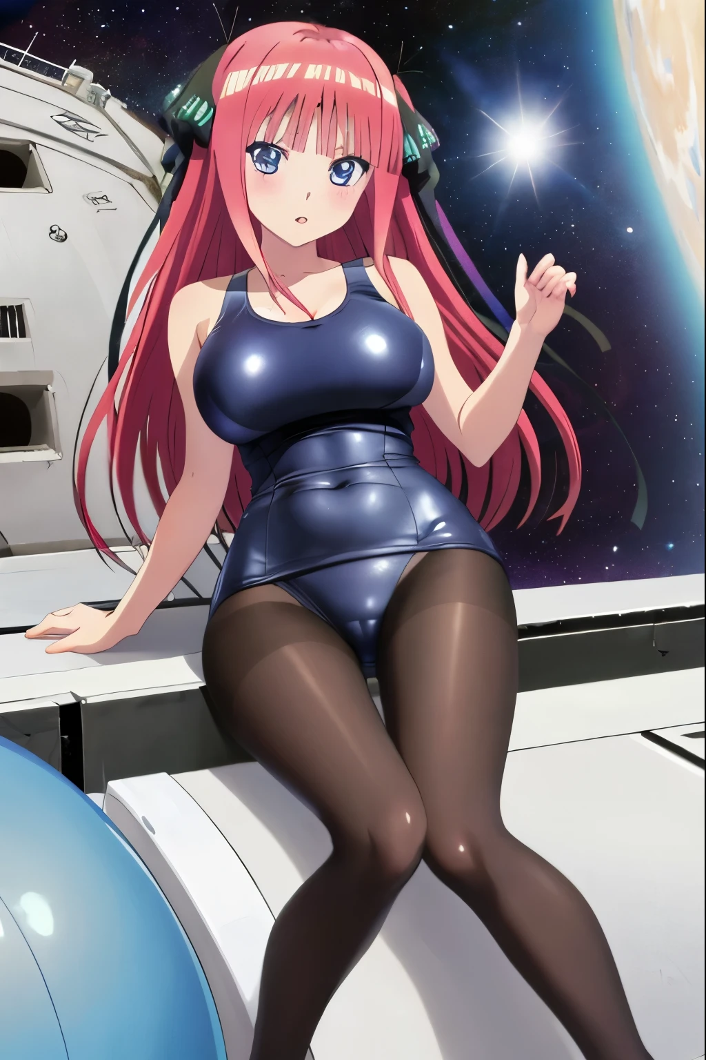 best quality, ultra-detailed masterpiece, anime art style, cute characters, nino nakano, one-piece swimsuit, large breasts, pantyhose, space station