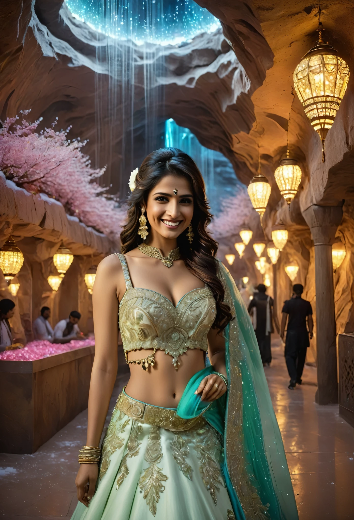 grand wedding scene, guests and beautiful smiling couple: man avatar green skin green avatar green man dress, indian girl in lehenga. full body. beige lehenga, red gold border, embroidery, embellish, stone work, exquisite, shimmering. Editorial Photography, Photography,sharp focus, taken with a 60mm lens, ISO 300, f/4, 1/200th, twirling in lehenga, (High-res,Photorealistic),Bright glowing lights, Pulsating colors, biolumincient ice, white background Ethereal atmosphere, Beautiful detailed eyes, of lobby Mendenhall Ice caves of ((Masterpiece))underground cave city, gray rocky surface which is covered with a thick layer of dust, futuristic sci-fi masterpiece, cybernetic residential beehive pod architecture designs carved inside , luxury silver , white and golden light, realistic ,intricate, detailed ,modern, neo ice cave centric design,rocks,blue fountain, waterfalls,desert caves, organic futurism, indigenous futurism, futuristic vision, architecture styles of Rem Koolhaas,Daniel Libeskind, Jean Nouvel, Paolo Soleri, upstairs, balconies, futuristic facades, trending on art station, beautiful lighting,masterpiece, fantasy, intricate, award winning, 4k, highest quality render model:Real , heart shaped architecture ((masterpiece)),((best quality)),((high detail)),((realistic,)) Futurist era city, architectural streets, bazaars, cyberpunk, buildings, night, neon, summer, hot desert，Magnificent space image scene heavenly body 8K，super-fine, rocky walls. place lit with decorations, celebration, light decoration, neo-Rococo expressionist style, ethereal and dreamy themes, rococo gorgeous style, pink yarn, lace, flower ground, blue light quality, 8k, winter, snow fall, cherry blossoms, bioluminescence, luminous. Mechanical  eye, Mechanical maang tikka, cyborg maang tikka. Cyborg