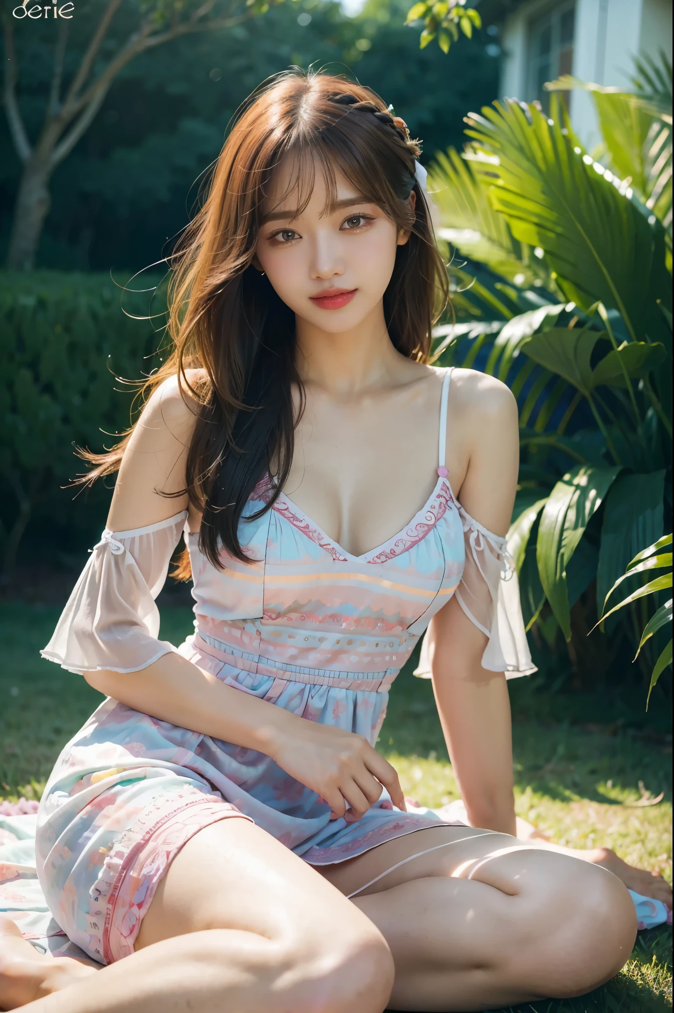 (best quality,highres,masterpiece:1.2),ultra-detailed,realistic,photography,portraits,colorful lighting,hair flowing,expressive eyes,beautiful lips,graceful pose,high fashion style,feminine aura,captivating smile,vibrant colors,soft skin,subtle makeup,glamorous appearance,luxurious atmosphere,delicate features,idyllic background,casual elegance,elegant jewelry,confident and relaxed expression,ethereal beauty,impeccable composition,high resolution image,warm and inviting ambiance,dreamlike quality,radiant and natural light,serene and tranquil setting,shimmering summer dress,stunning and captivating gaze,shine and gloss effect,high fashion magazine level aesthetics,eye-catching details,artistic and lifelike rendering,meticulous attention to detail,lush and vibrant surroundings,warm color palette,graceful and fluid movement,gentle and soothing atmosphere,breathtaking and enchanting encounter,captivating and alluring presence,mesmerizing and delightful experience