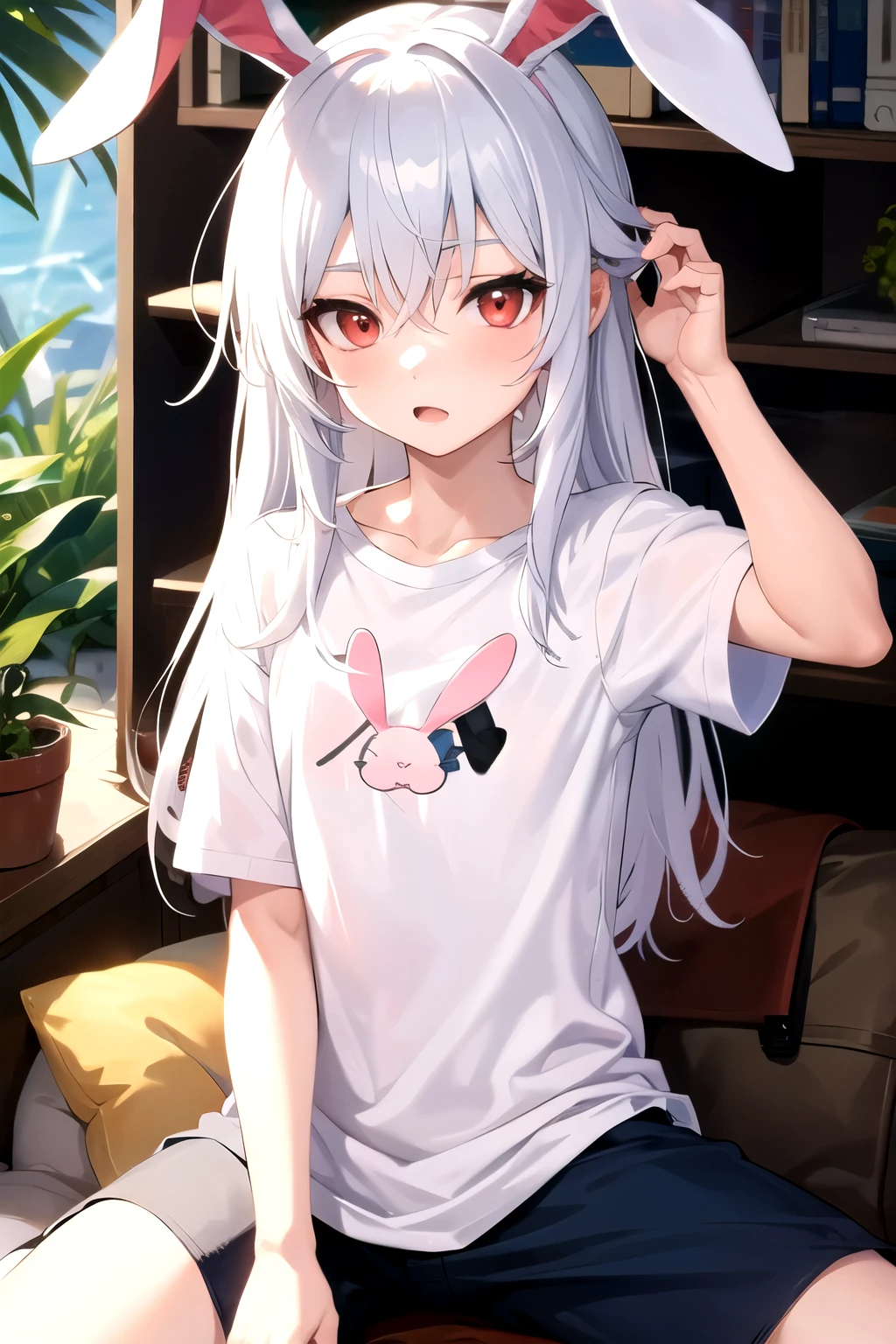 kawaii with red eyes and white hair wearing a t-shirt and bunny ears
cute