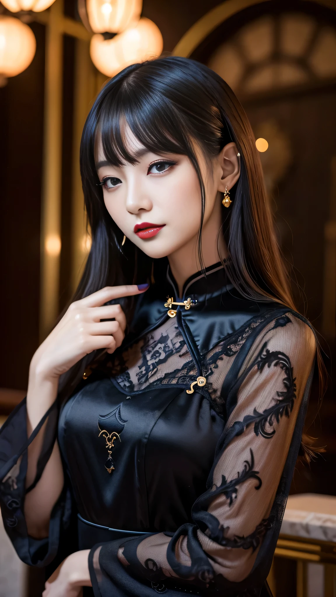 tra-detailed、Japanese、attractive beauty、seductive adult woman、pretty woman、piercing eyes、cool girl、wavy hair、swept bangs、Long Black and Gold Cheongsam、wide sleeves、Evil cadres、evil depravity、brainwash、mind control、lipstick、lip gloss、dark makeup、smirk、whisper in your ear、Evil expression、evil、hollow eyes,half-closed eyes、empty eyes、evil、church at night、vampire、succubus、vampire、Swear allegiance、sexy pose