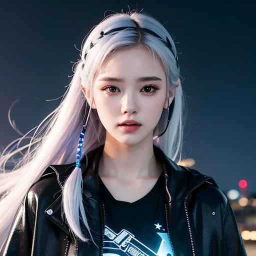 masterpiece, best quality, 4k, mecha, starry, sky, stars \(sky\), cyberpunk background, street, cape, hair ribbon, cyberpunk shirt, long hair, white hair, cyberpunk, depth of field, blur background, [Emma Watson:1:09], (Masterpiece:1.3), (best quality:1.3), 