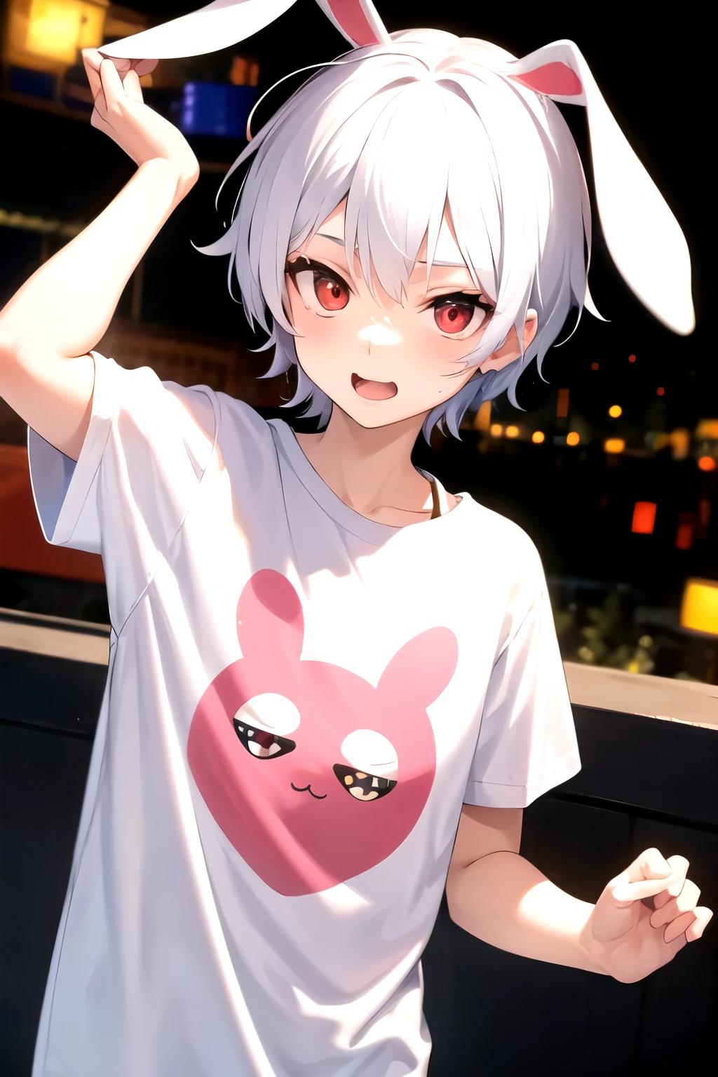 kawaii boy with red eyes and white hair wearing a t-shirt and bunny ears
cute