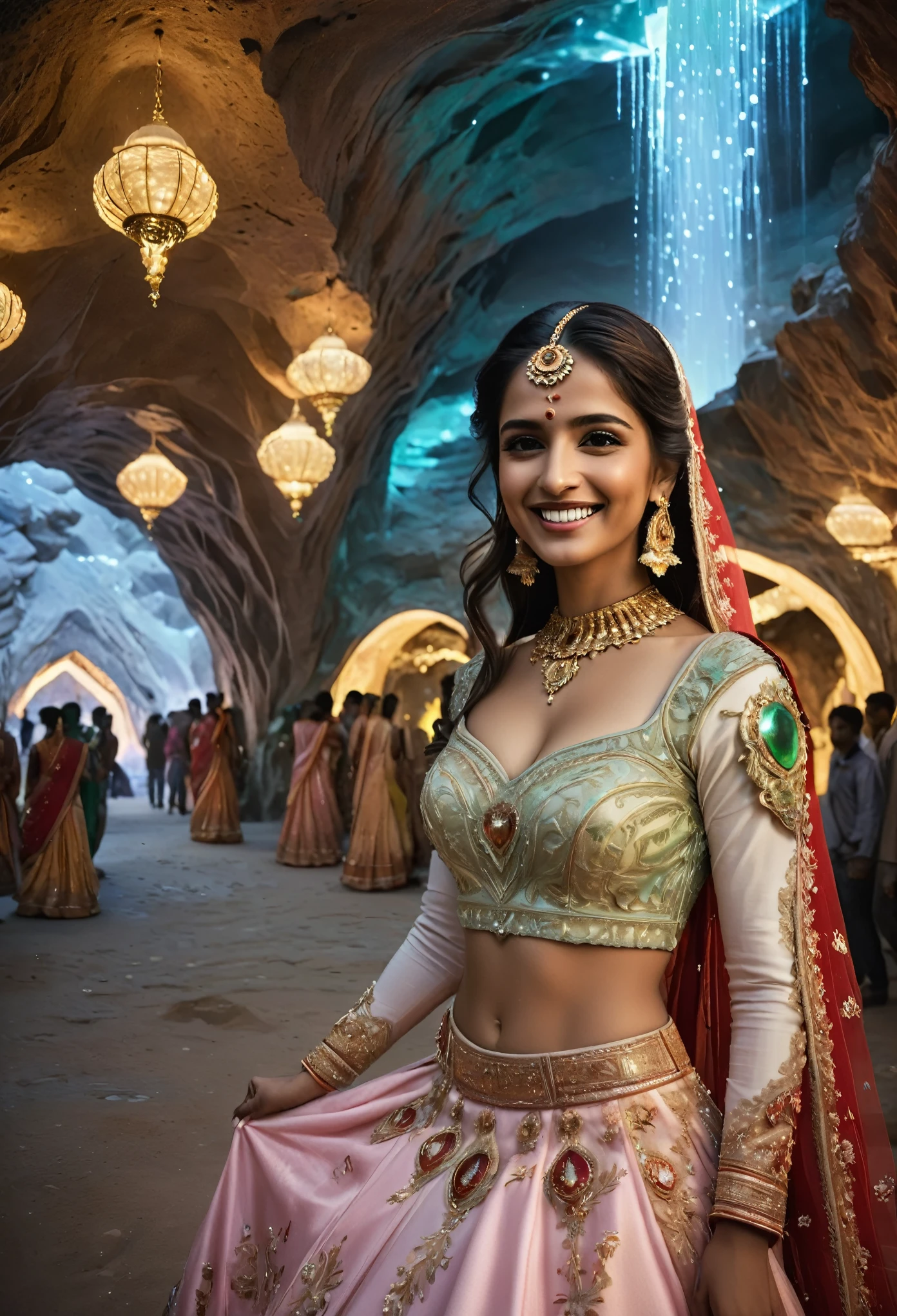 grand wedding scene, guests and beautiful smiling couple: man avatar green skin green avatar green man dress, indian girl in lehenga. full body. beige lehenga, red gold border, embroidery, embellish, stone work, exquisite, shimmering. Editorial Photography, Photography,sharp focus, taken with a 60mm lens, ISO 300, f/4, 1/200th, twirling in lehenga, (High-res,Photorealistic),Bright glowing lights, Pulsating colors, biolumincient ice, white background Ethereal atmosphere, Beautiful detailed eyes, of lobby Mendenhall Ice caves of ((Masterpiece))underground cave city, gray rocky surface which is covered with a thick layer of dust, futuristic sci-fi masterpiece, cybernetic residential beehive pod architecture designs carved inside , luxury silver , white and golden light, realistic ,intricate, detailed ,modern, neo ice cave centric design,rocks,blue fountain, waterfalls,desert caves, organic futurism, indigenous futurism, futuristic vision, architecture styles of Rem Koolhaas,Daniel Libeskind, Jean Nouvel, Paolo Soleri, upstairs, balconies, futuristic facades, trending on art station, beautiful lighting,masterpiece, fantasy, intricate, award winning, 4k, highest quality render model:Real , heart shaped architecture ((masterpiece)),((best quality)),((high detail)),((realistic,)) Futurist era city, architectural streets, bazaars, cyberpunk, buildings, night, neon, summer, hot desert，Magnificent space image scene heavenly body 8K，super-fine, rocky walls. place lit with decorations, celebration, light decoration, neo-Rococo expressionist style, ethereal and dreamy themes, rococo gorgeous style, pink yarn, lace, flower ground, blue light quality, 8k, winter, snow fall, cherry blossoms, bioluminescence, luminous. Mechanical  eye, Mechanical maang tikka, cyborg maang tikka. Cyborg eye, cybornetics, mechanicak skin, mechanicka muscles. Mechanical enhancements