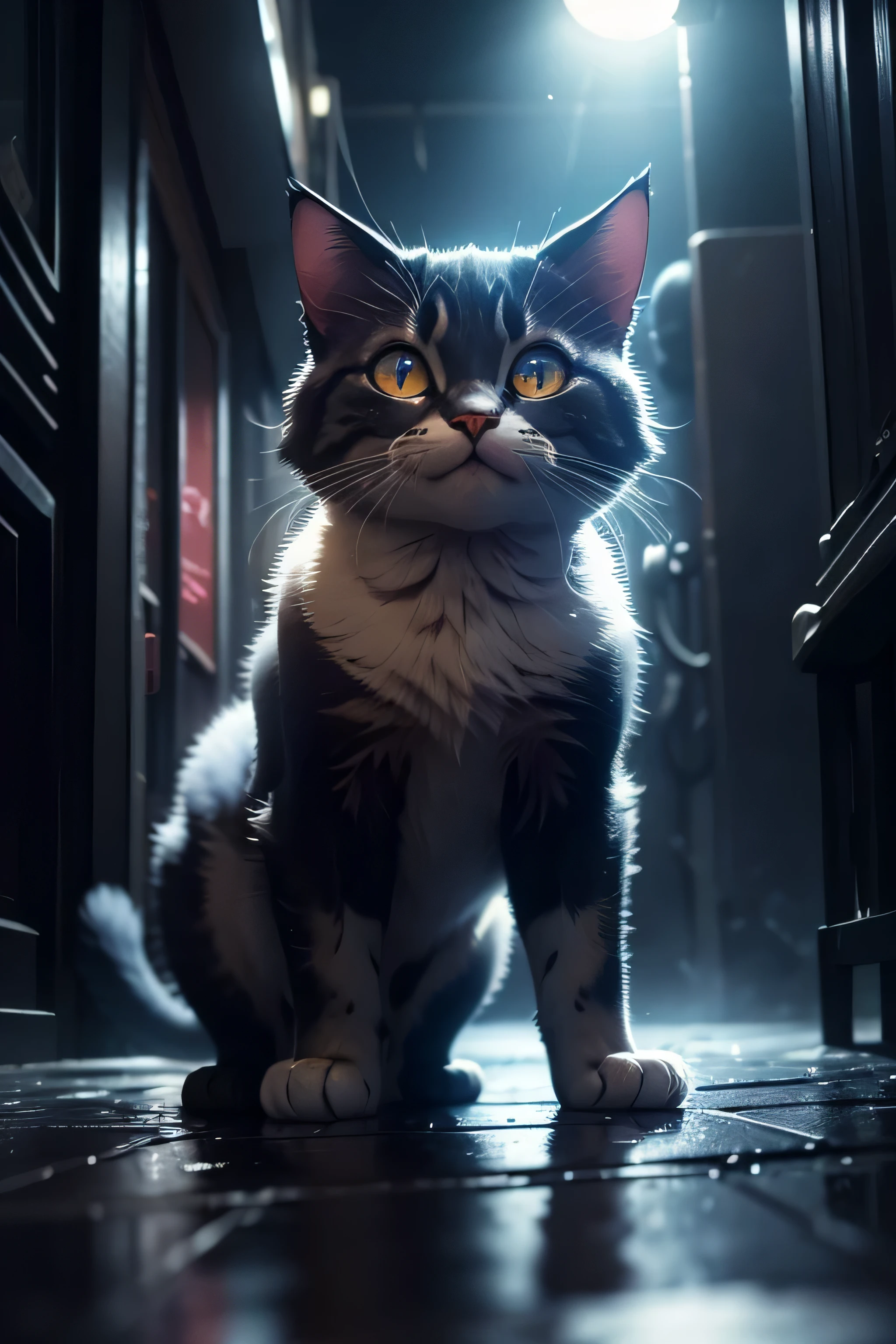 big-eyed cat, looking at the camera, close-up, wide smile, cartoon scene, cartoon aesthetics, wet floor with reflections, dark alley with streetlight light, blue cinematographic lighting, ultra-detailed complex scene, masterpiece, highest quality, 8k, HDR, ray tracing, shadows and reflections,