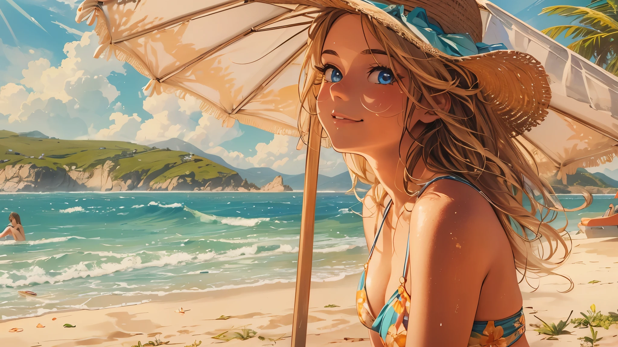 (super flat, flat hatching, flat colors:1.1), (Seaside), 1 Girl, Small, 12 years, Slim, flat chest, (tanned skin:0.6), long light hair, Blue eyes, topless, straw hat, behind, lower, lean forward, bending backwards, , smile, wind, blue sky, Bright sunlight, The best shadows, Watercolor, Without clothing