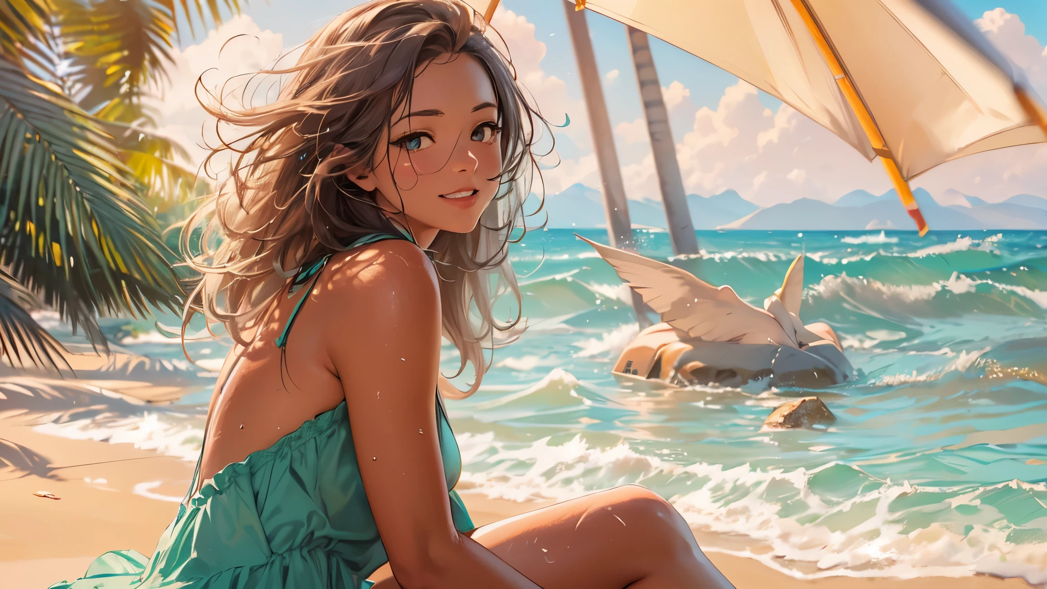 (best quality,4k,8k,highres,masterpiece:1.2),ultra-detailed,(realistic,photorealistic,photo-realistic:1.37),portrait of a girl in a bikini lounging on a sunny beach, beach resort vibes, soft sand and clear blue ocean, vibrant and refreshing colors, a beautiful and youthful appearance, medium: oil painting, creating a sense of tranquility and relaxation, gentle waves crashing onto the shore, palm trees gently swaying in the warm breeze, subtle sunlight casting a golden glow on the girl's skin, beach umbrella providing shade, a bottle of sunscreen and a towel nearby, the girl's face radiates joy and contentment, representing the carefree spirit of a summer vacation, a playful smile on her lips, detailed and enchanting eyes displaying a hint of curiosity, long fluttering eyelashes accentuating her gaze, the sound of seagulls in the distance, capturing a moment of serenity and happiness.