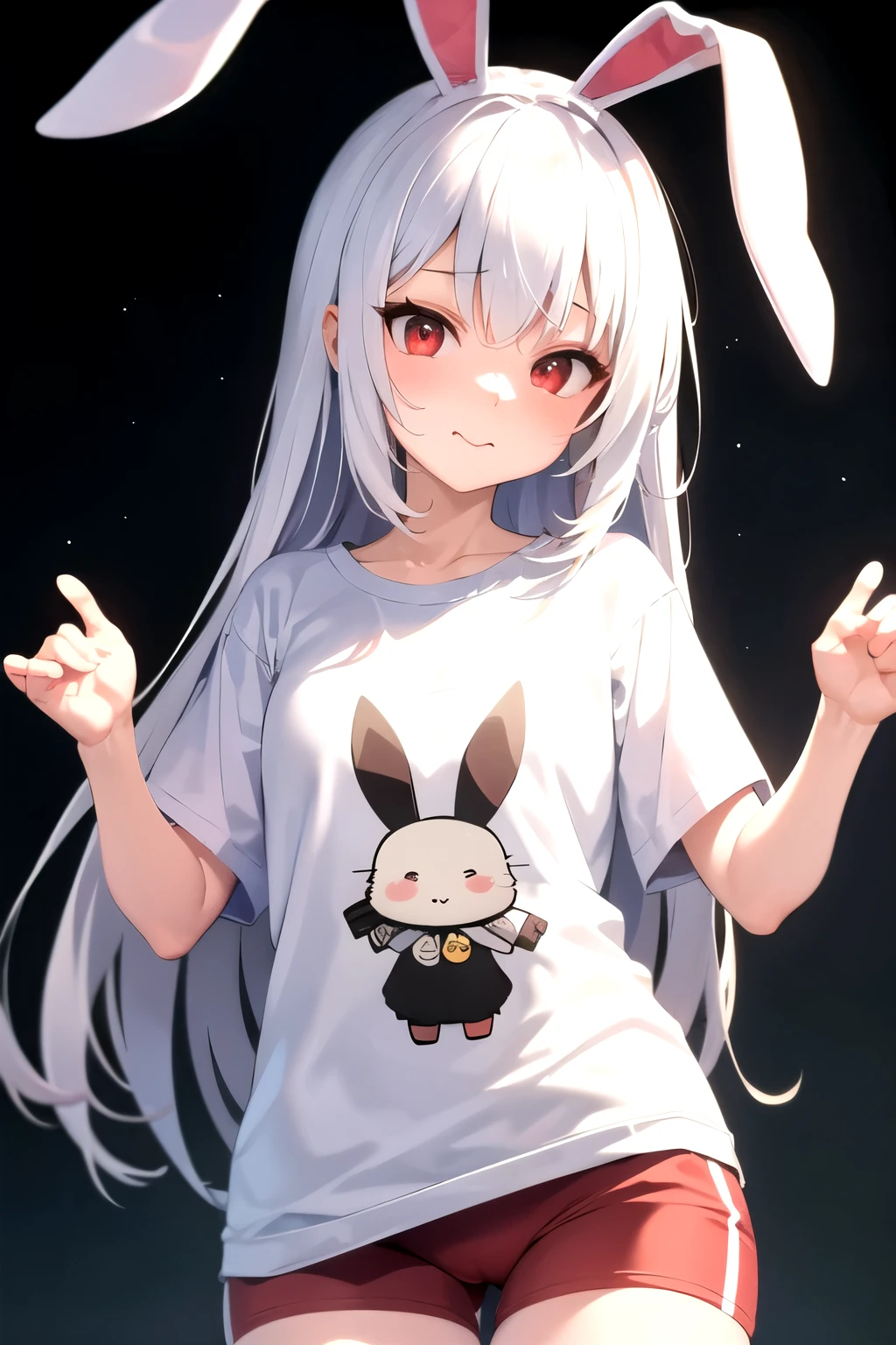kawaii with red eyes and white hair wearing a t-shirt and bunny ears
cute