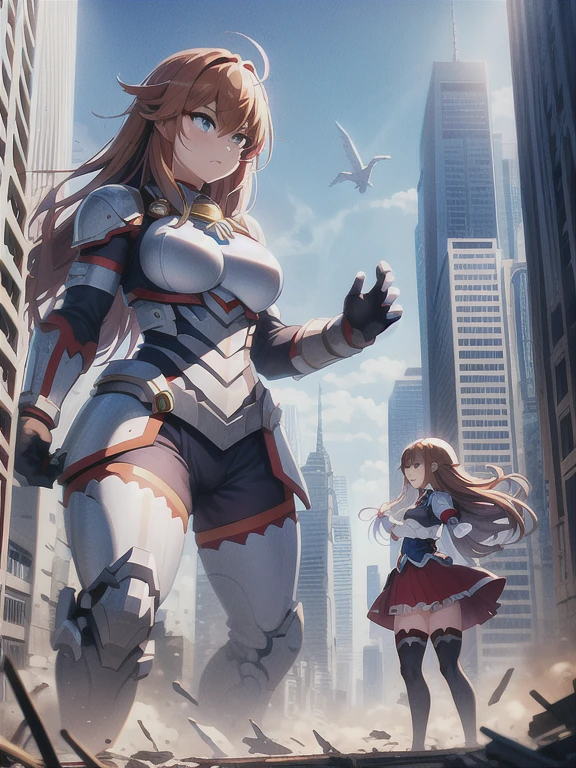 masterpiece,best quality,highly detailed,1girl and monsters,building,battle,city,monster,destruction,serious,v-shaped eyebrows,concentrating,demon,debris,
looking at another,debris,dinosaur, aaasuna,long hair,brown hair,braid,brown eyes,bare shoulders,armor,breastplate,white sleeves,detached sleeves,red skirt,pleated skirt,white thighhighs,(((size difference))),