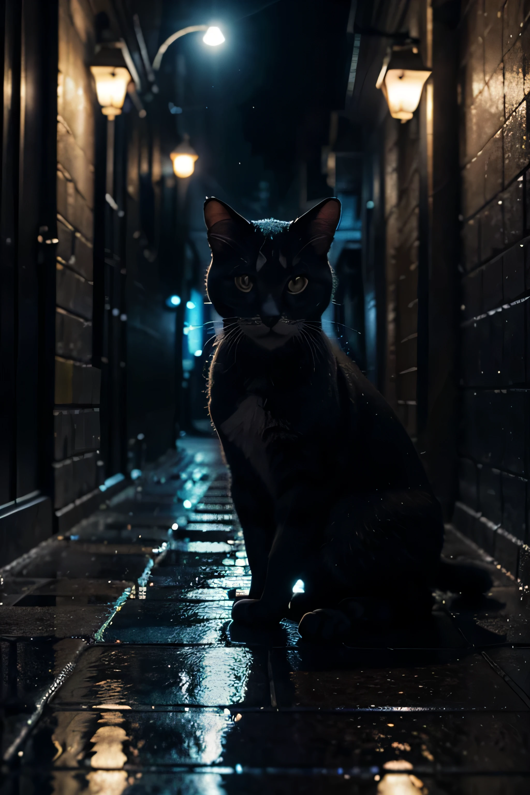 big-eyed cat, looking at the camera, close-up, wide smile, cartoon scene, cartoon aesthetics, wet floor with reflections, dark alley with streetlight light, blue cinematographic lighting, ultra-detailed complex scene, masterpiece, highest quality, 8k, HDR, ray tracing, shadows and reflections,