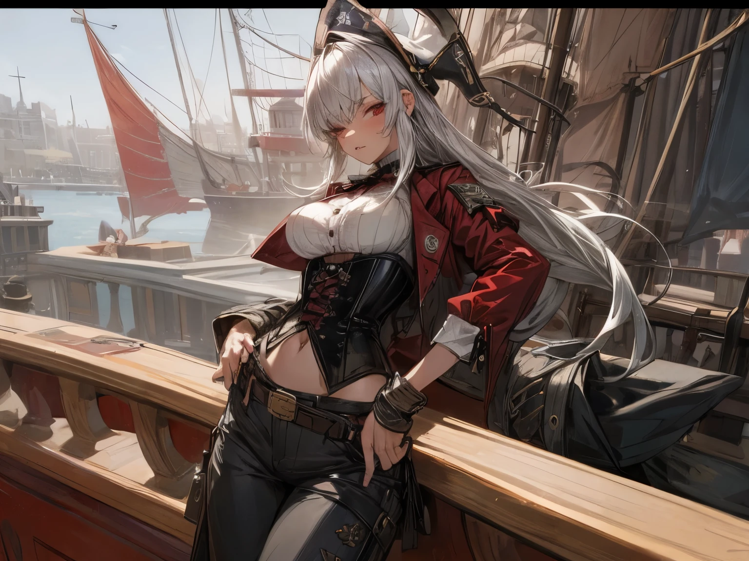 ((best quality)), ((masterpiece)), (detailed), 1girl, NSFW, small breasts, prominent collarbones, skinny arms, flat stomach, visible hip bones, long hair, red hair, white hair, blonde hair, dark hair, ponytail, thick ponytail, heavy ponytail, red and white clothing, Bloodborne inspired, occult aesthetic, occult, detailed and intricate steampunk and detailed gothic, NSFW Fluttering lace frilly petticoats, pleated petticoats